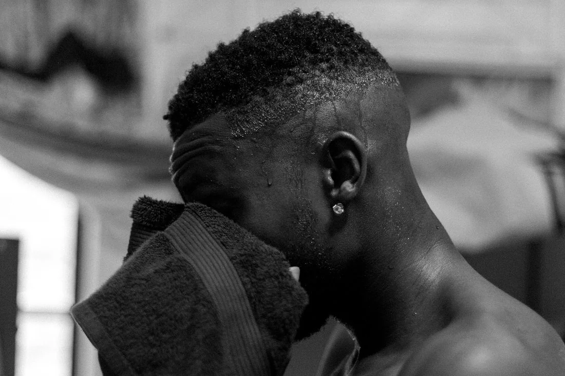 Post-shower, drying off.