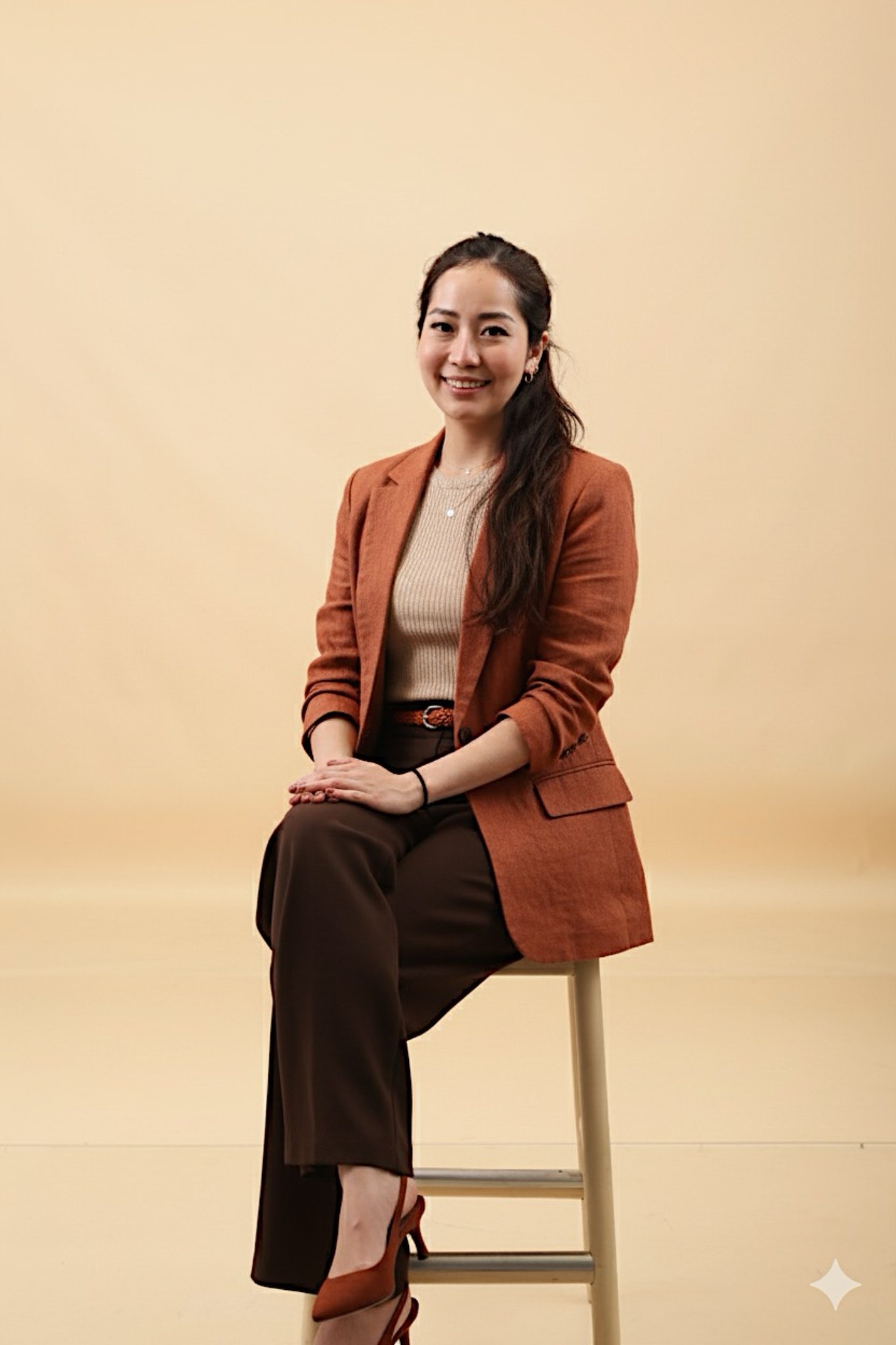 A young woman with long dark hair sitting on a beige wooden stool against a plain beige background, smiling at the camera, wearing a rust-colored blazer, beige ribbed top, dark brown pants, and brown high heels.