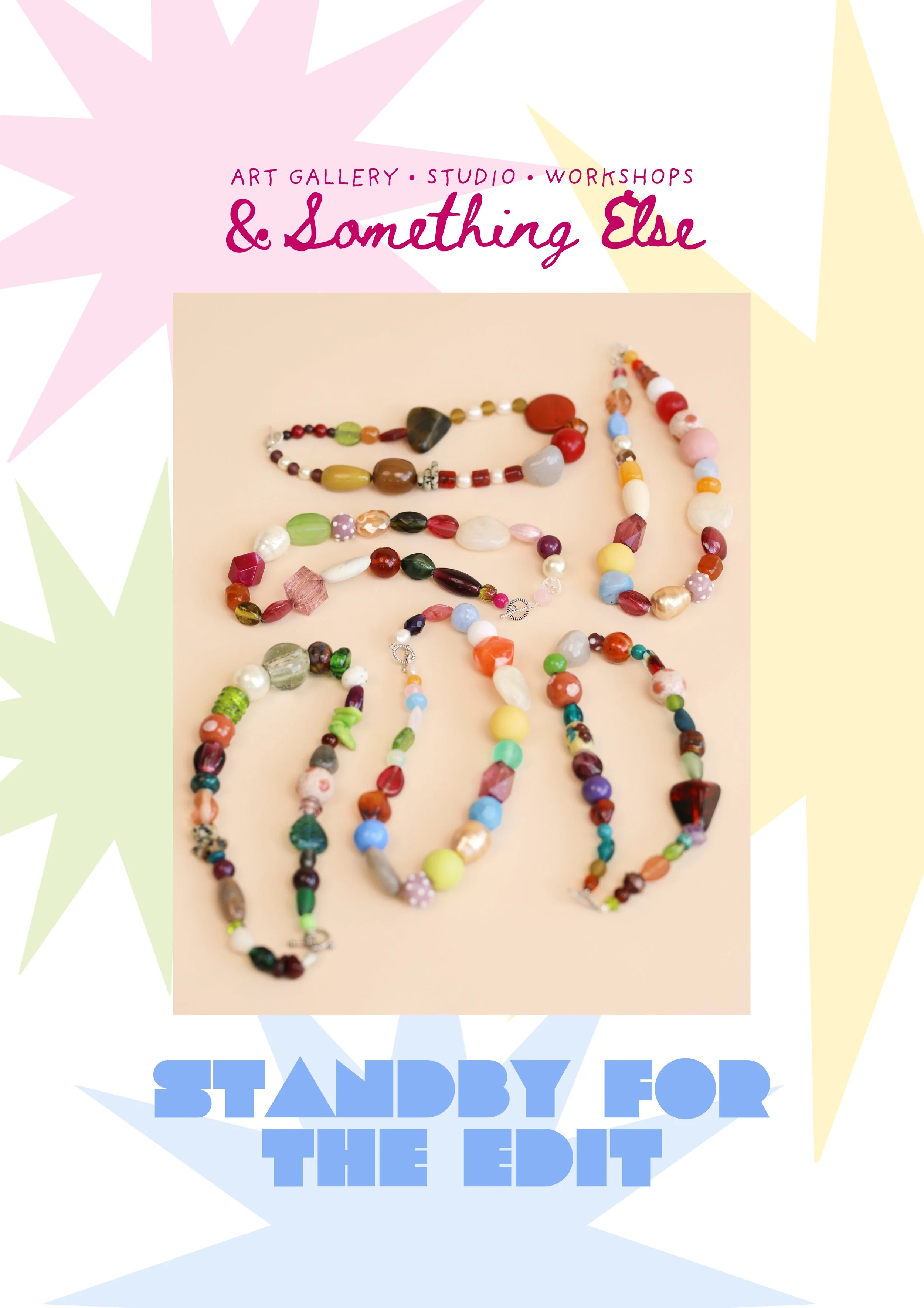 Poster with colorful beaded necklaces arranged in rows and text that reads, 'Art gallery, studio, workshops & something else.' The background has abstract shapes and pastel colors.
