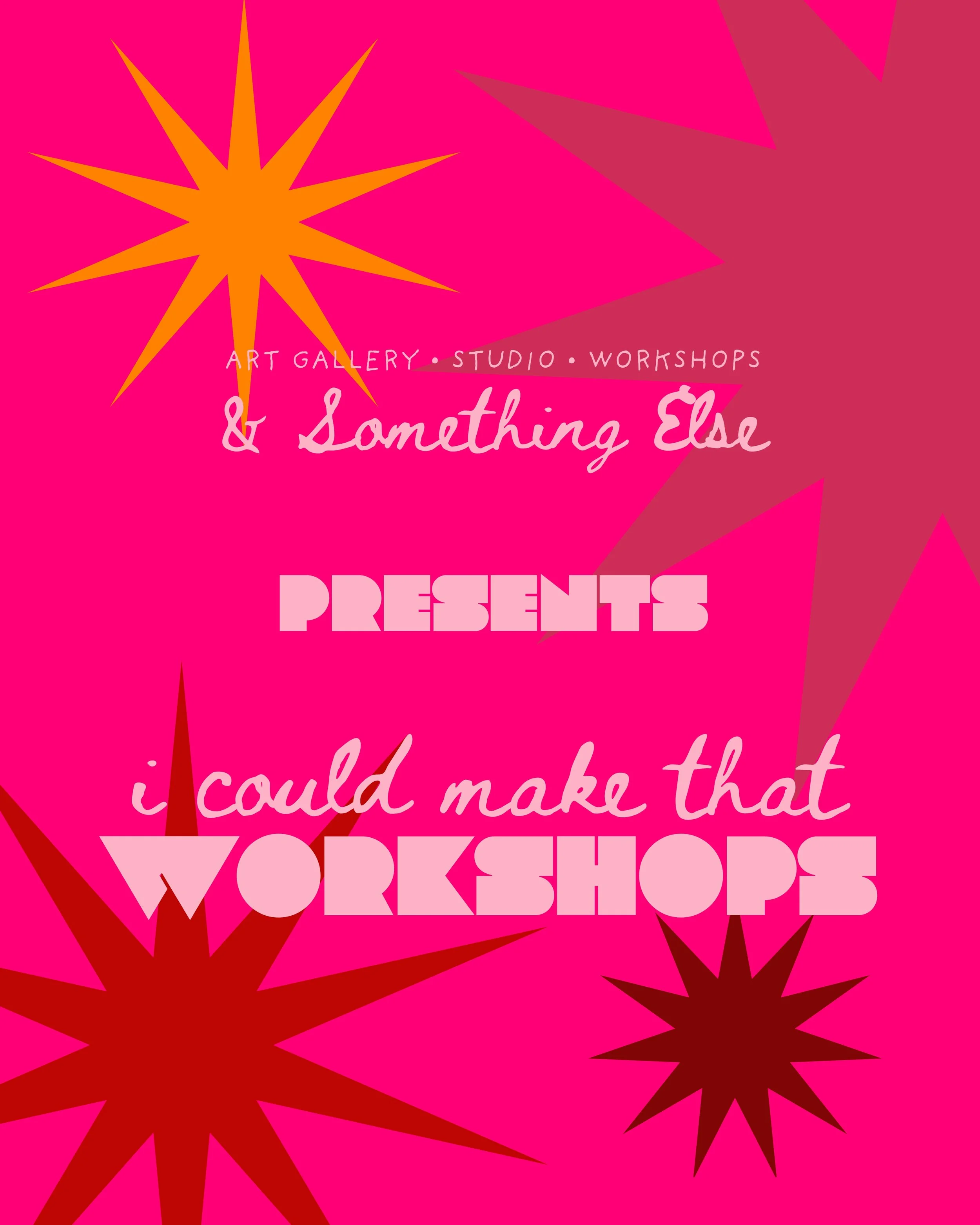 Bright pink promotional poster for art gallery and workshops with large starbursts, featuring text about workshops and art events.