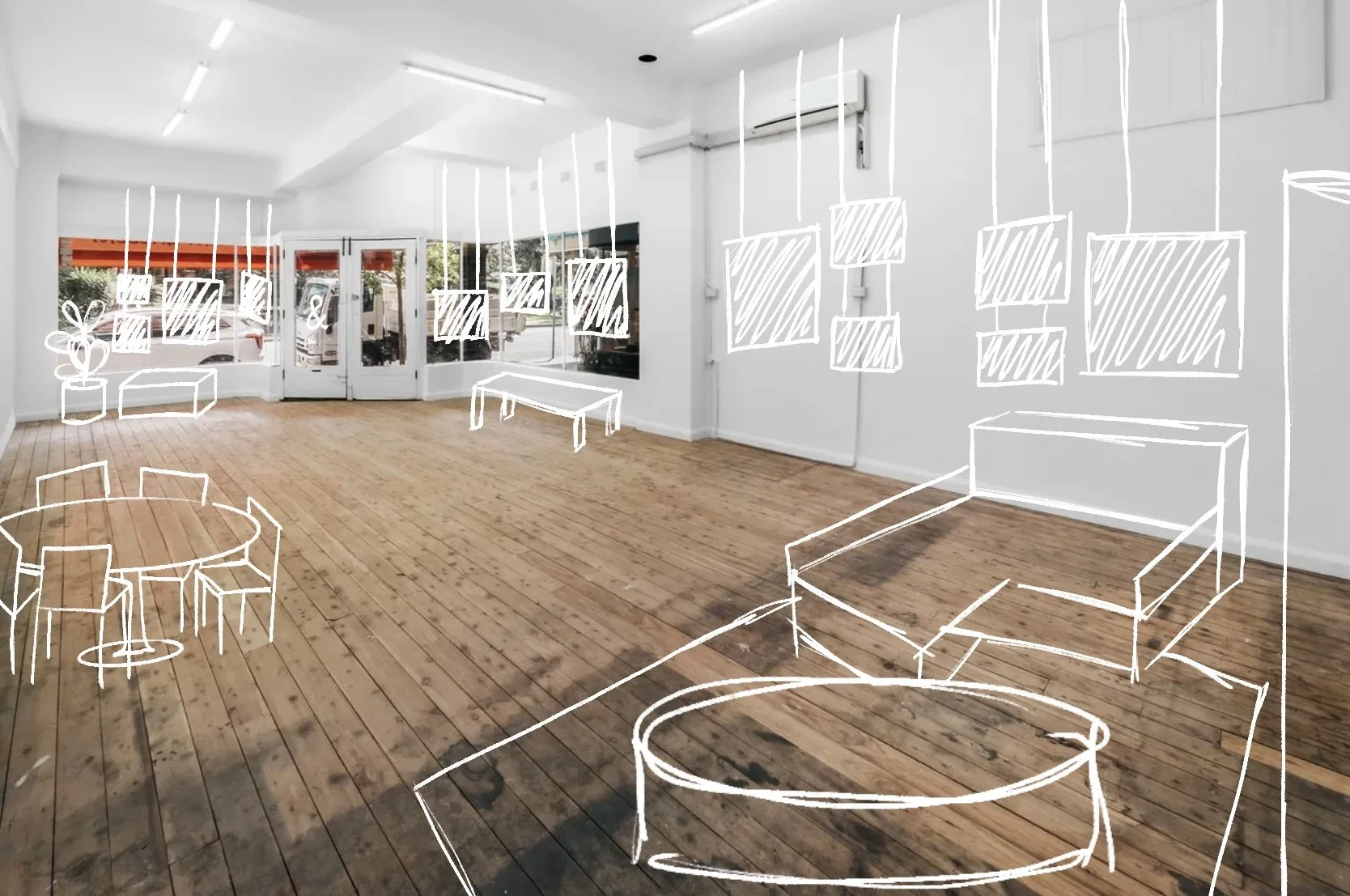 Empty room with white walls, large windows, measuring 10 meters by 5 meters, with a ceiling height of 3 meters, hardwood flooring, and floral decorations, including potted plants on the left wall and framed pictures on the right wall. The room is illuminated by natural light through the windows.