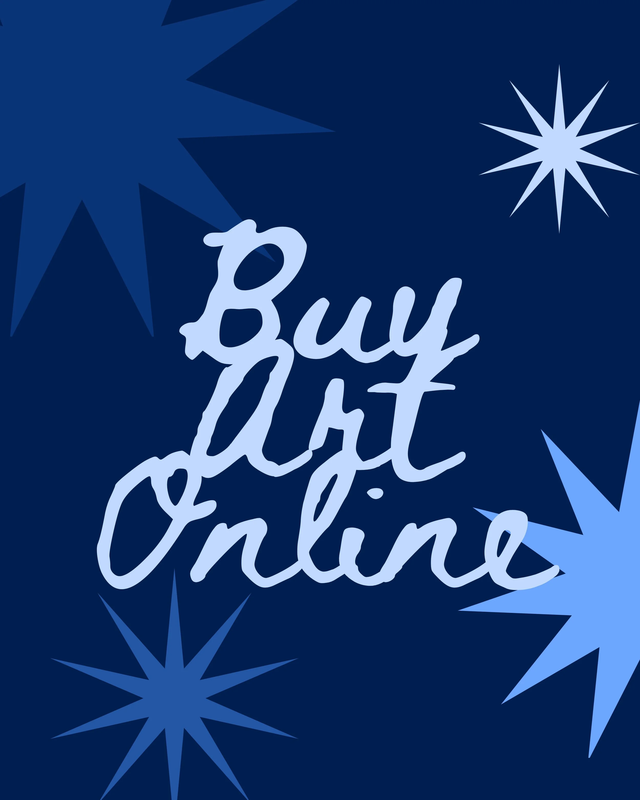 Blue online shopping banner with white and darker blue starbursts and the text 'Buy Online' in a cursive font.