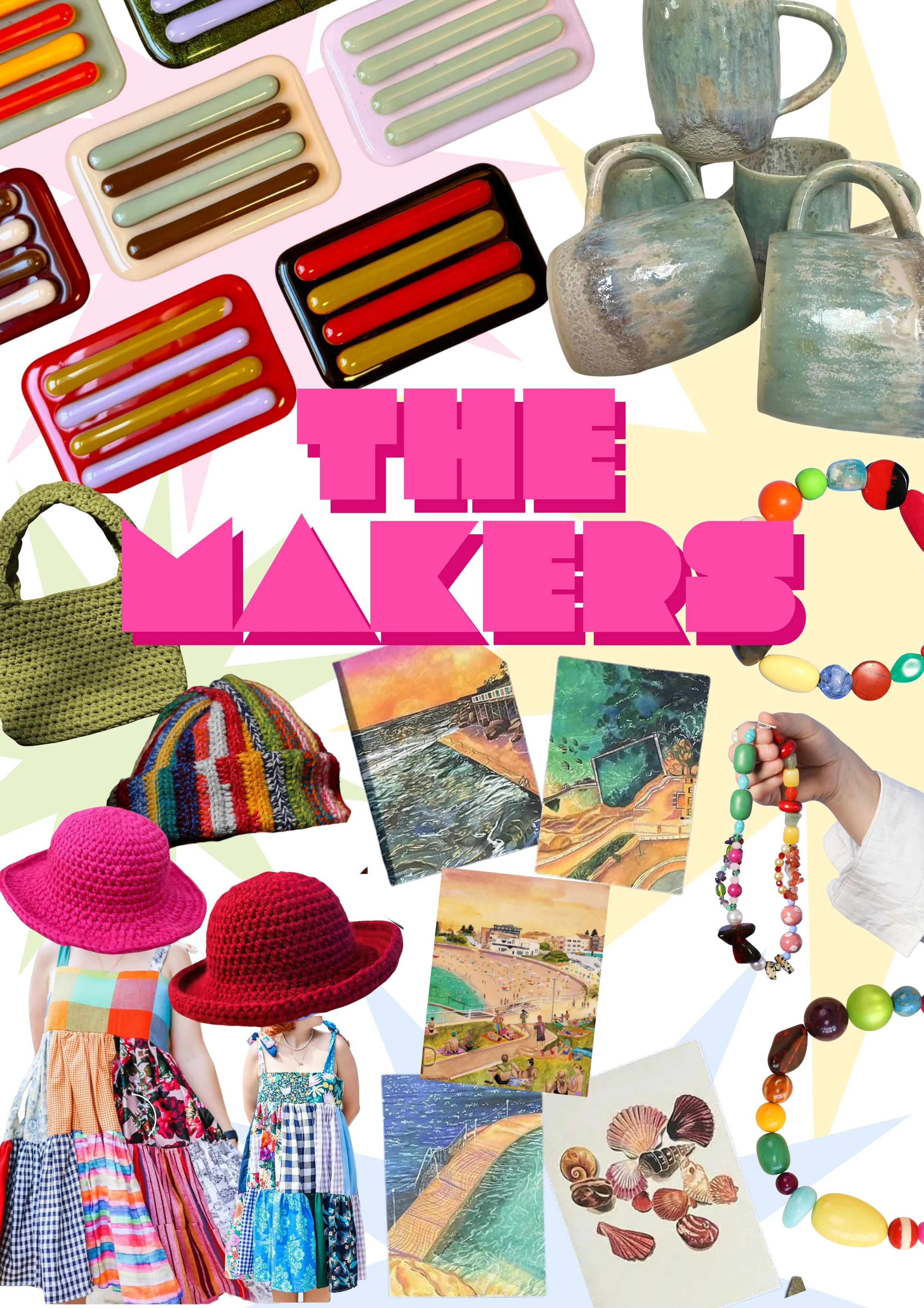 Colorful summer items including children's dresses, wide-brimmed hats, jewelry, art prints, pottery, and toys with a pink background and large pink text reading "THE MAKERS."