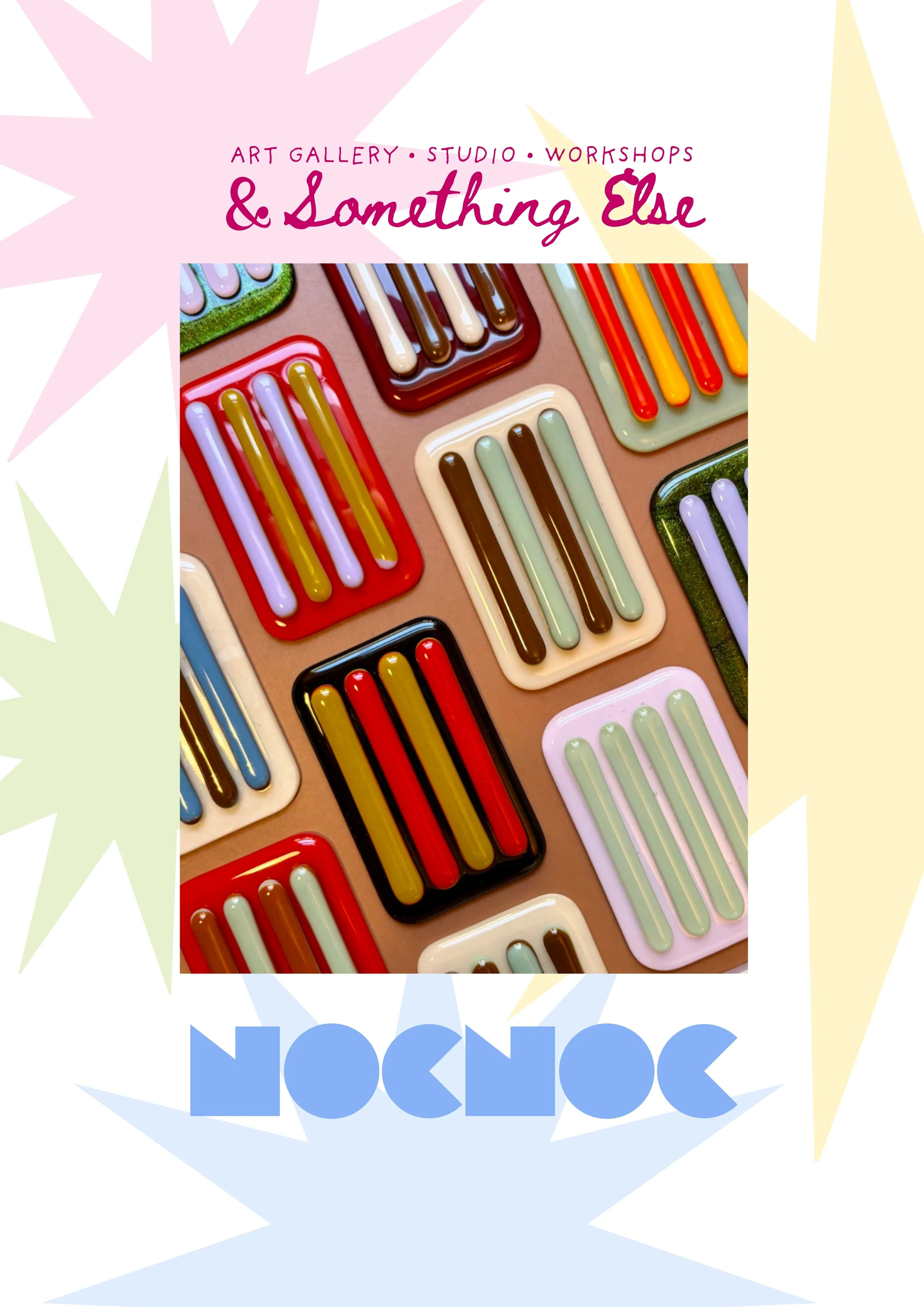Colorful glass toy sticks arranged on trays, used for creative art projects, with text overlay indicating art gallery, studio, workshops and the name & Something Else.