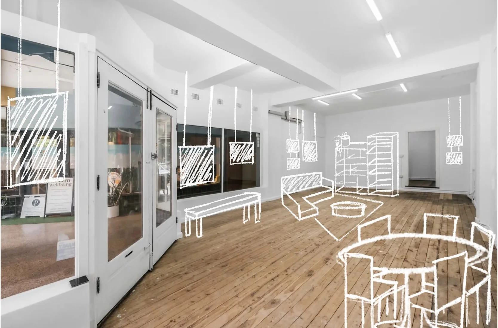 Empty indoor space with white walls and wooden floor, overlay of white chalk-like sketches of furniture including chairs, tables, sofas, shelves, and hanging lights.