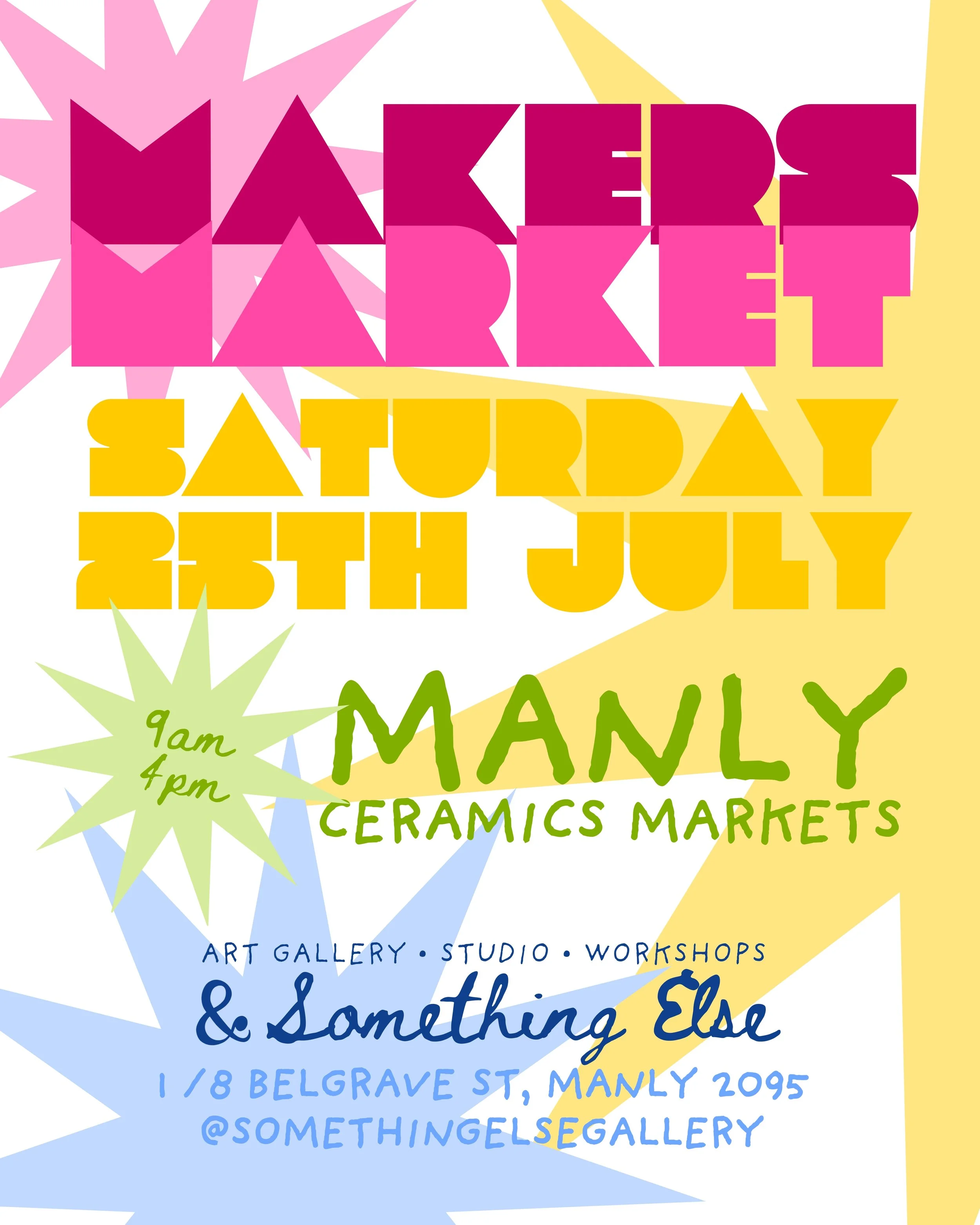 Colorful promotional poster for a ceramics market event with details about date, time, location, and social media handle, featuring vibrant text and geometric shapes.