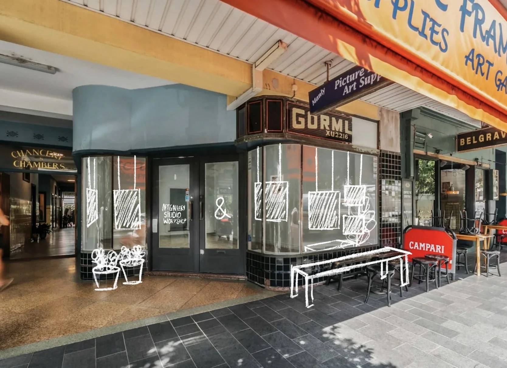 Street view of a storefront with signs for art gallery and studio workshop, featuring white sketch overlays of chairs, plants, tables, and display cases.