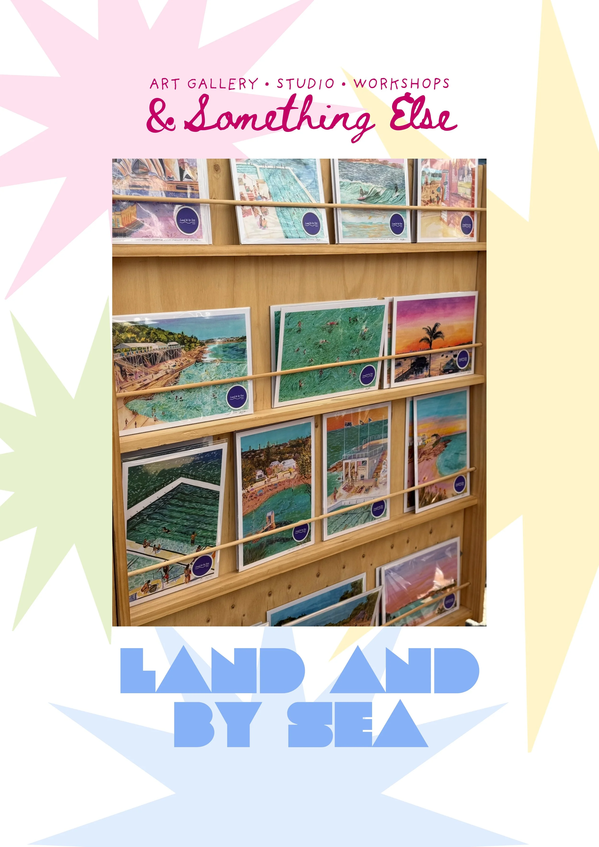 A display of various illustrated postcards on wooden shelves at an art gallery, studio, and workshop shop called 'Something Else' with the shop's name written in a stylish font at the top.