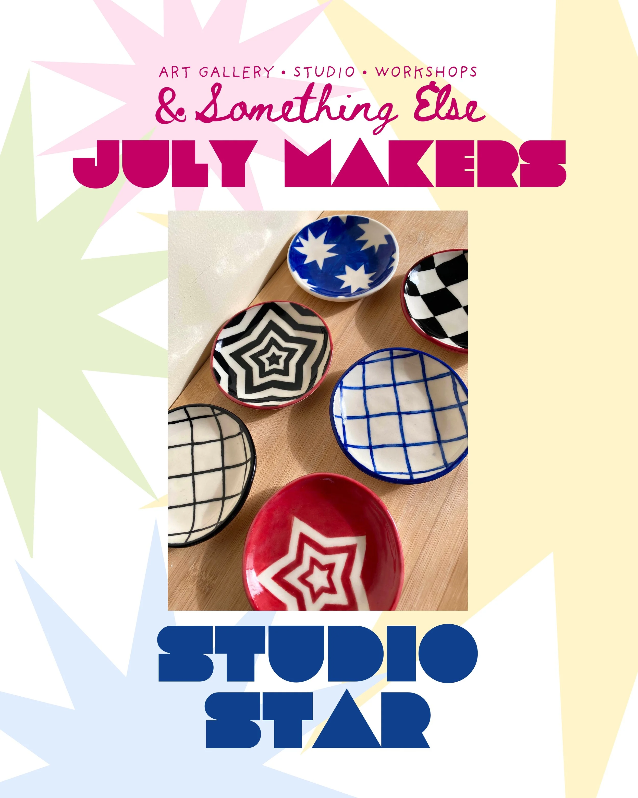 Colorful ceramic bowls with geometric and star patterns on a wooden surface.