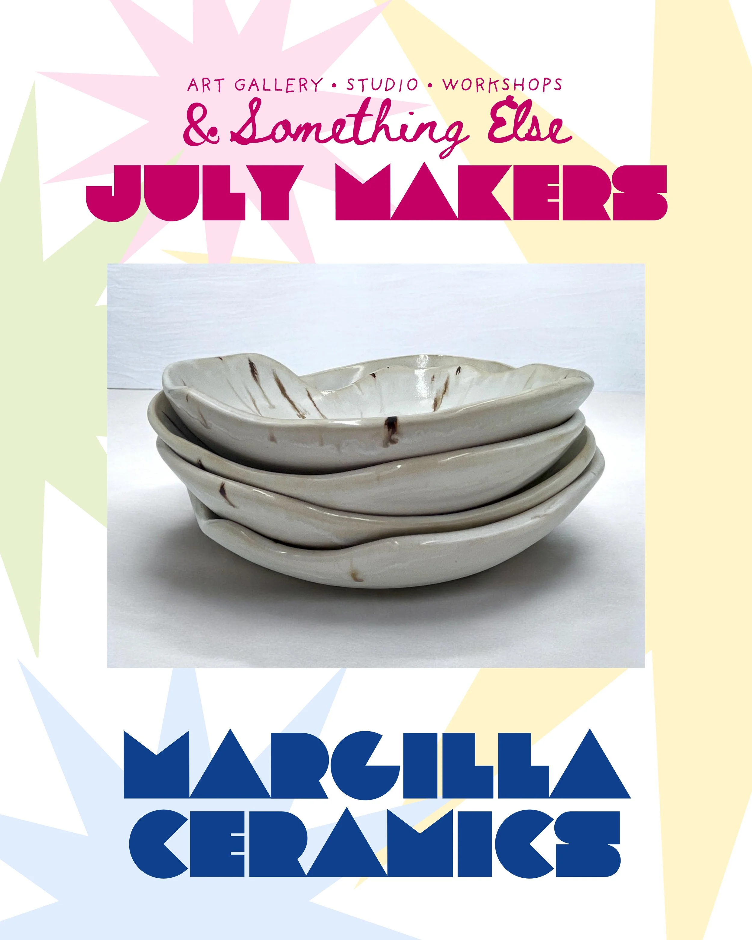 Stacked white ceramic plates with brown streaks in front of a colorful graphic background featuring text about art gallery, studio, workshops, and July Makers.