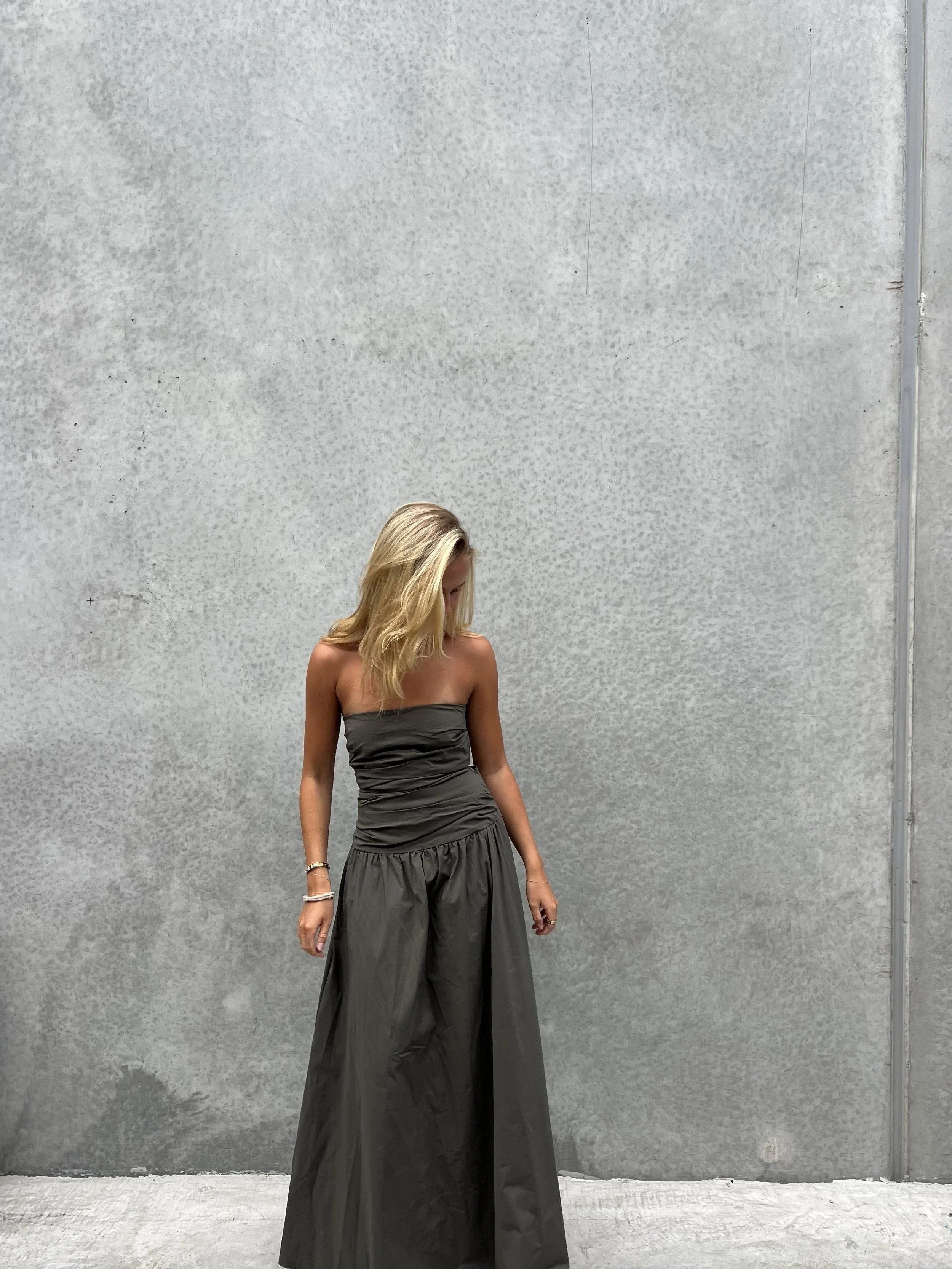 Gathered Strapless Tie Maxi in Khaki