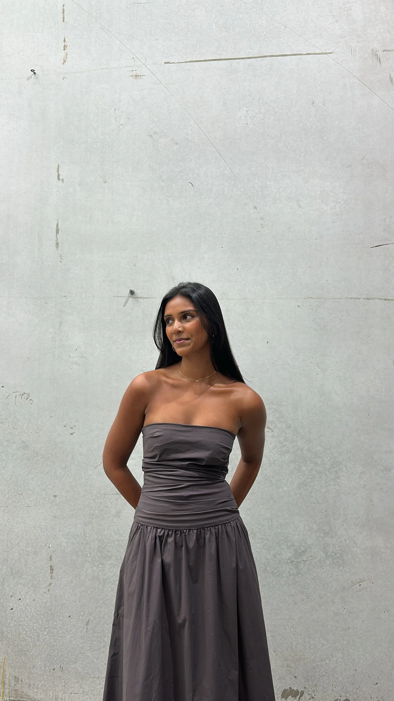 Gathered Strapless Tie Maxi in Chocolate Plum