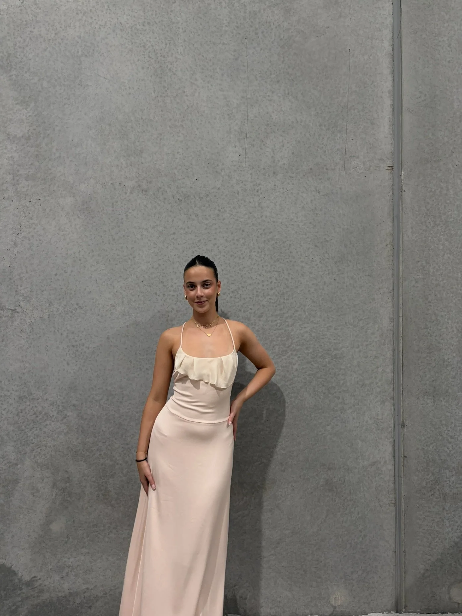 Frill Backless Maxi in Blush Satin