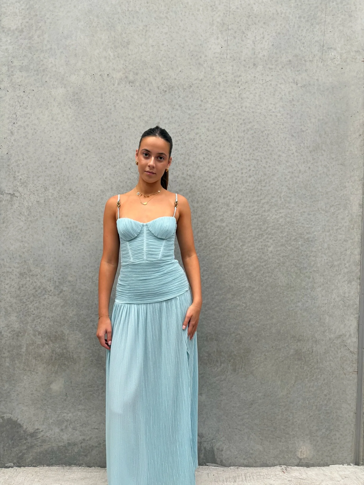 Double Time Pleat Dress in Acqua Spritz