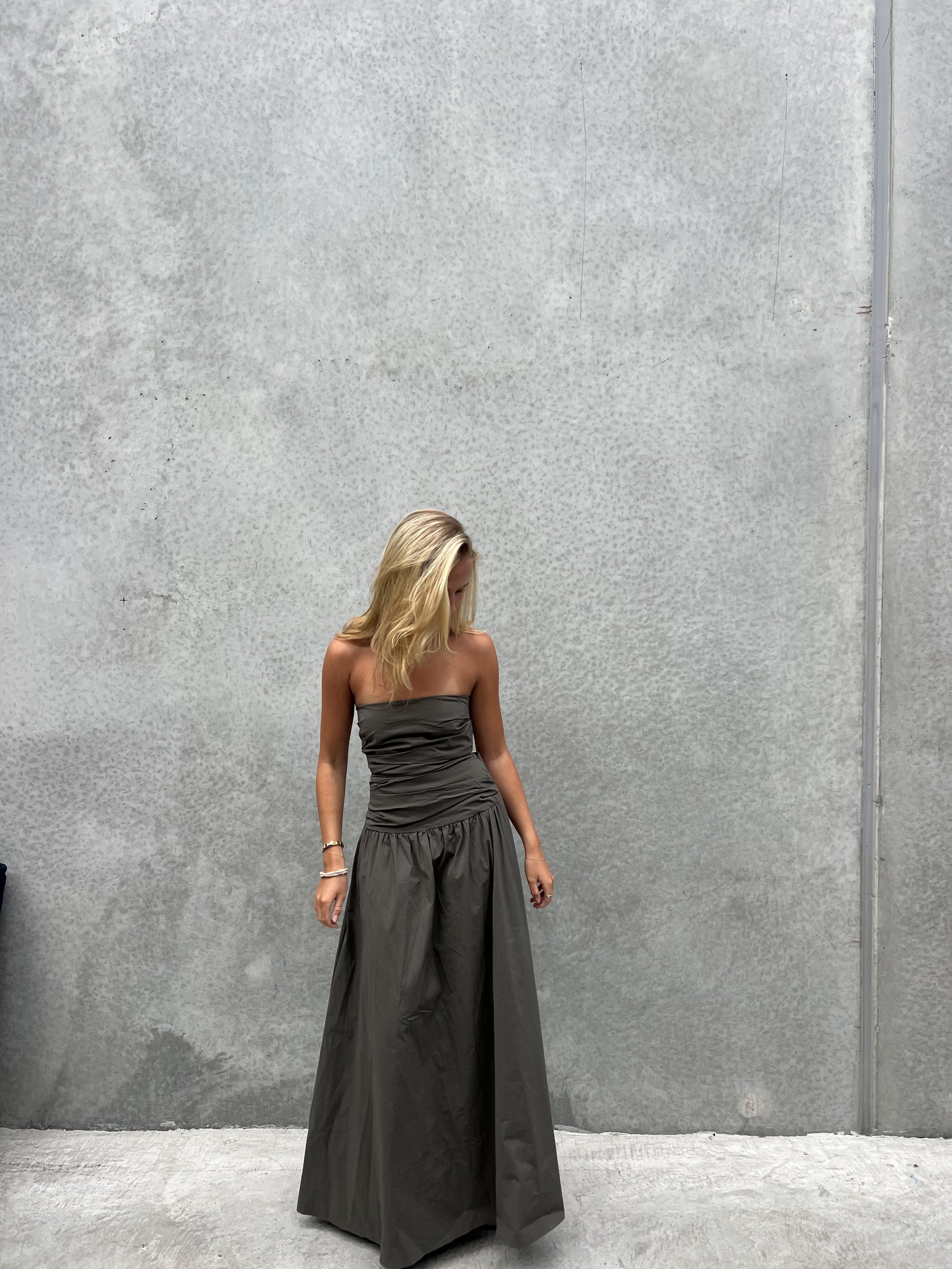 St. Agni Gathered Strapless Tie Maxi in Kahki