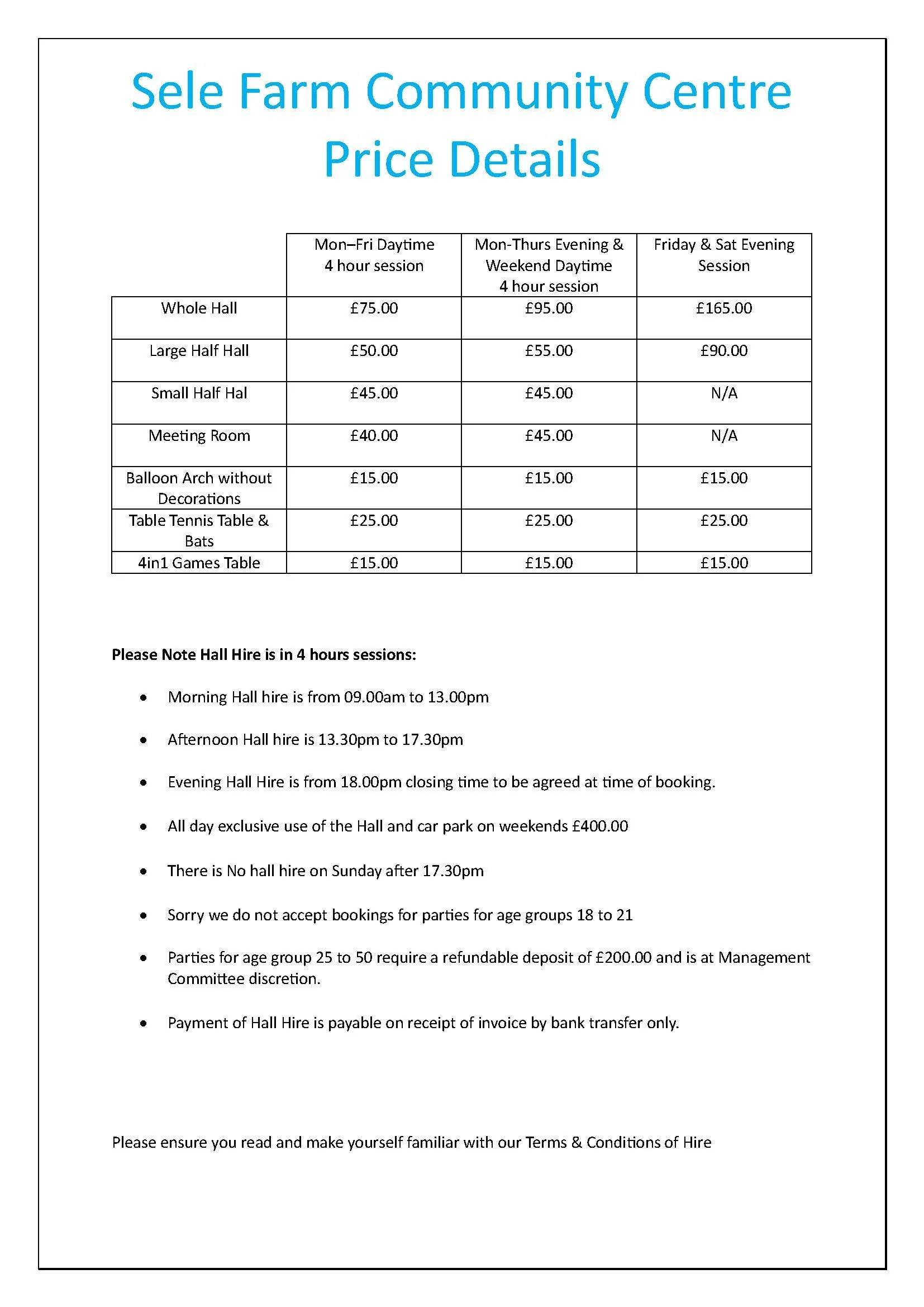 Hall Hire Fees