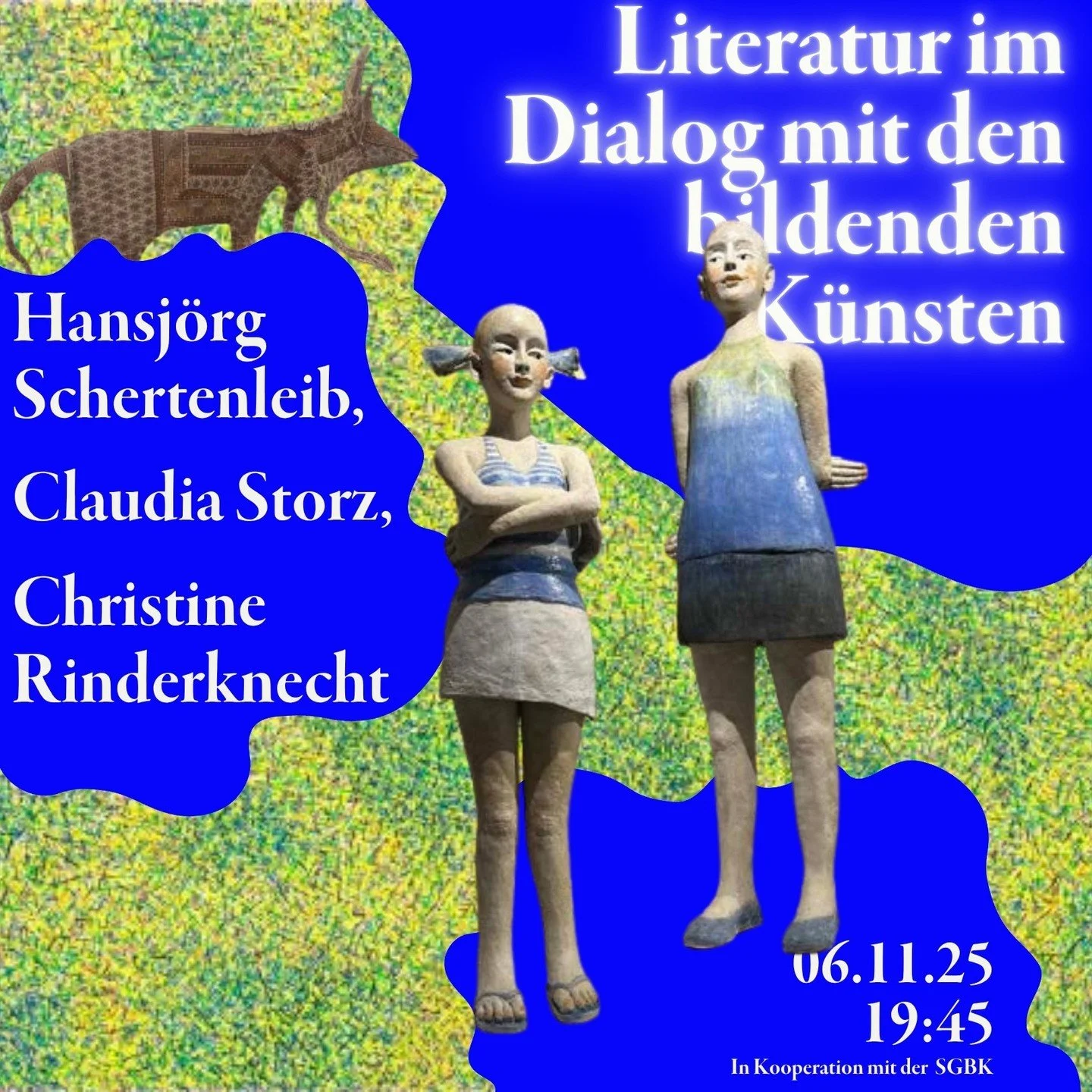 Die Galerie Soussol im Literaturhaus pr&auml;sentiert zw&ouml;lf verschiedene Positionen aus der Schweizerischen Gesellschaft Bildender K&uuml;nstlerinnen.
Die Schriftsteller*innen Christine Rinderknecht, Claudia Storz und Hansj&ouml;rg Schertenleib 
