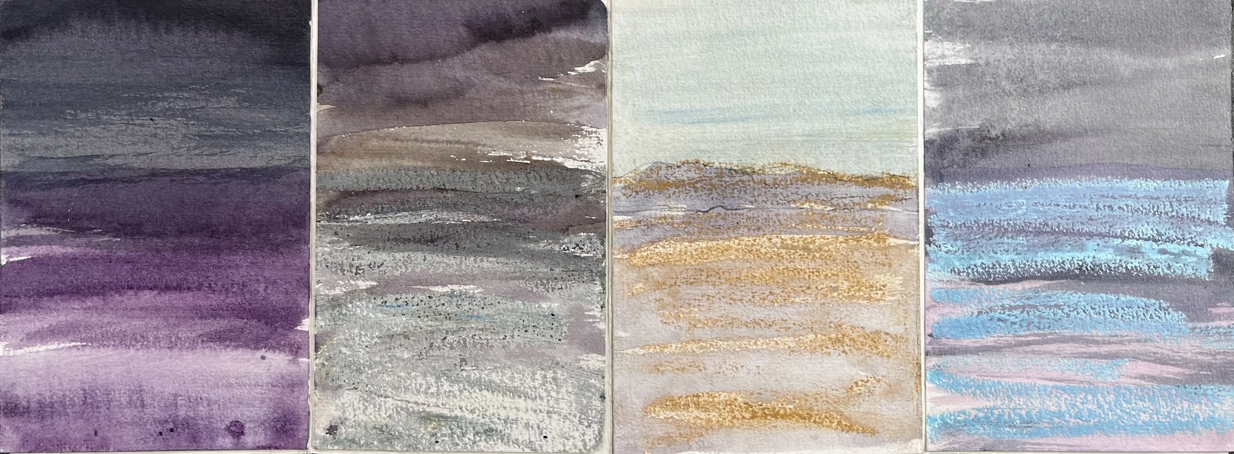 Four watercolor paintings of abstract landscape scenes in pastel and muted colors, featuring layered textures and horizontal strokes.