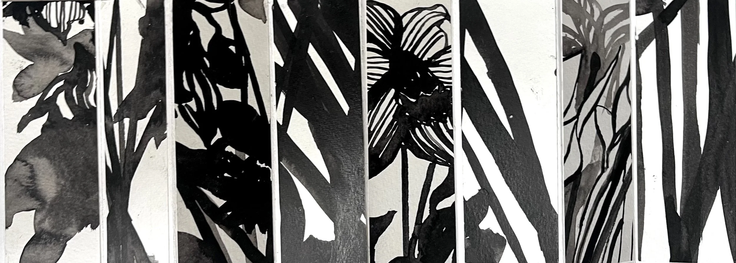 Black and white abstract floral art divided into vertical panels.