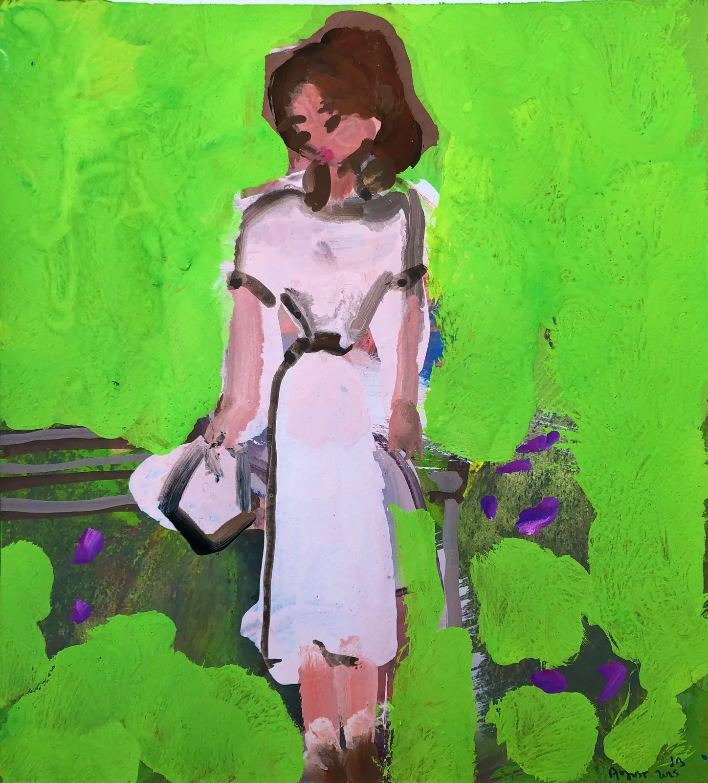 Evie in a linen dress. Gouache on paper, 28 x 25 cm, £850