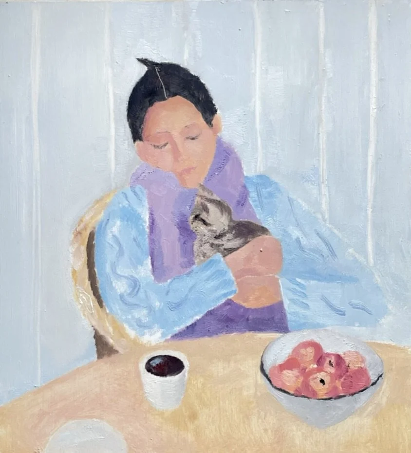 Celeste with a kitten. 30.5 x 28 cm, oil on board. £480