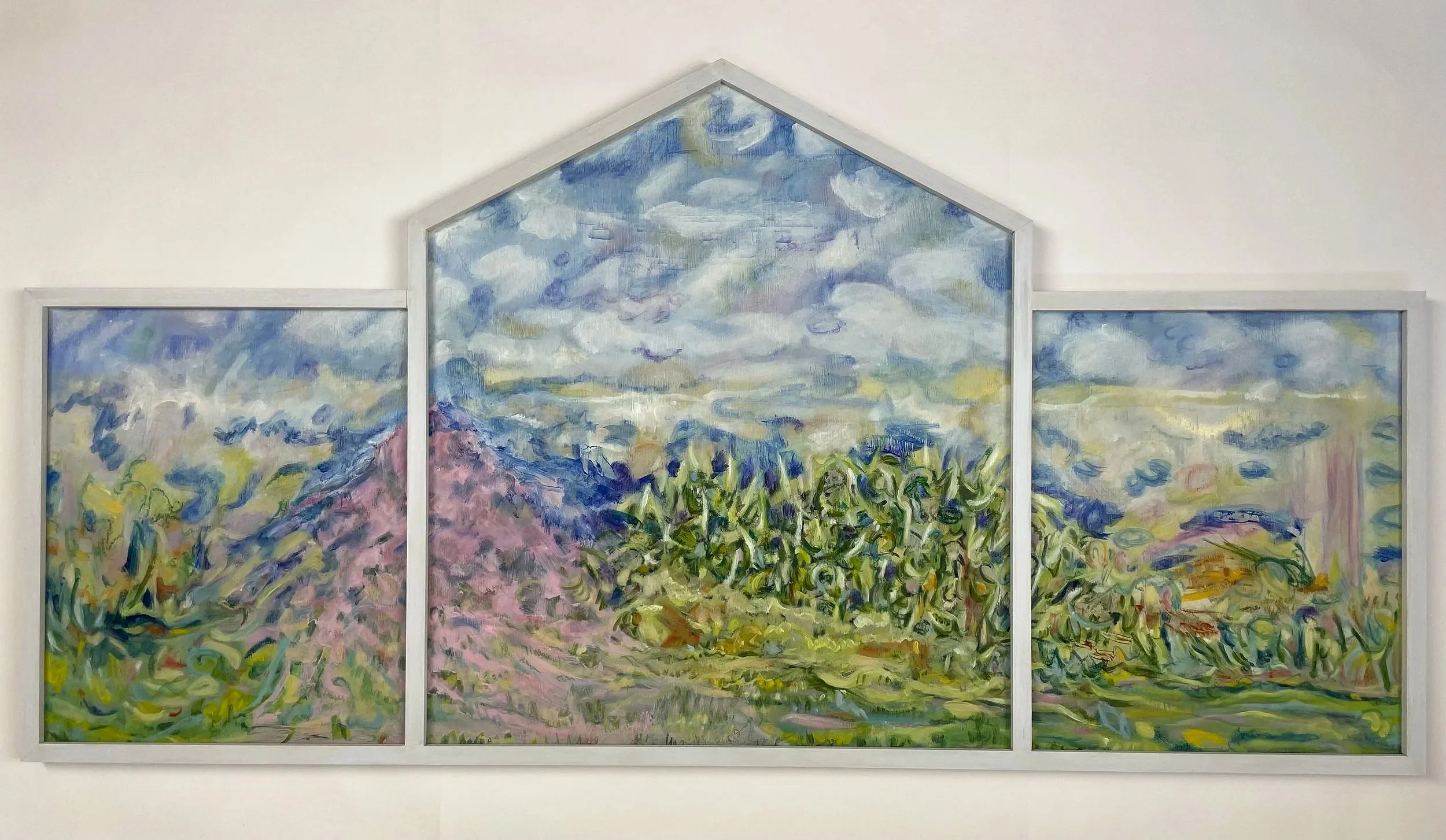 Gaia
 Oil and pastel on wood with painted frame 
40" x 20" triptych
2025
