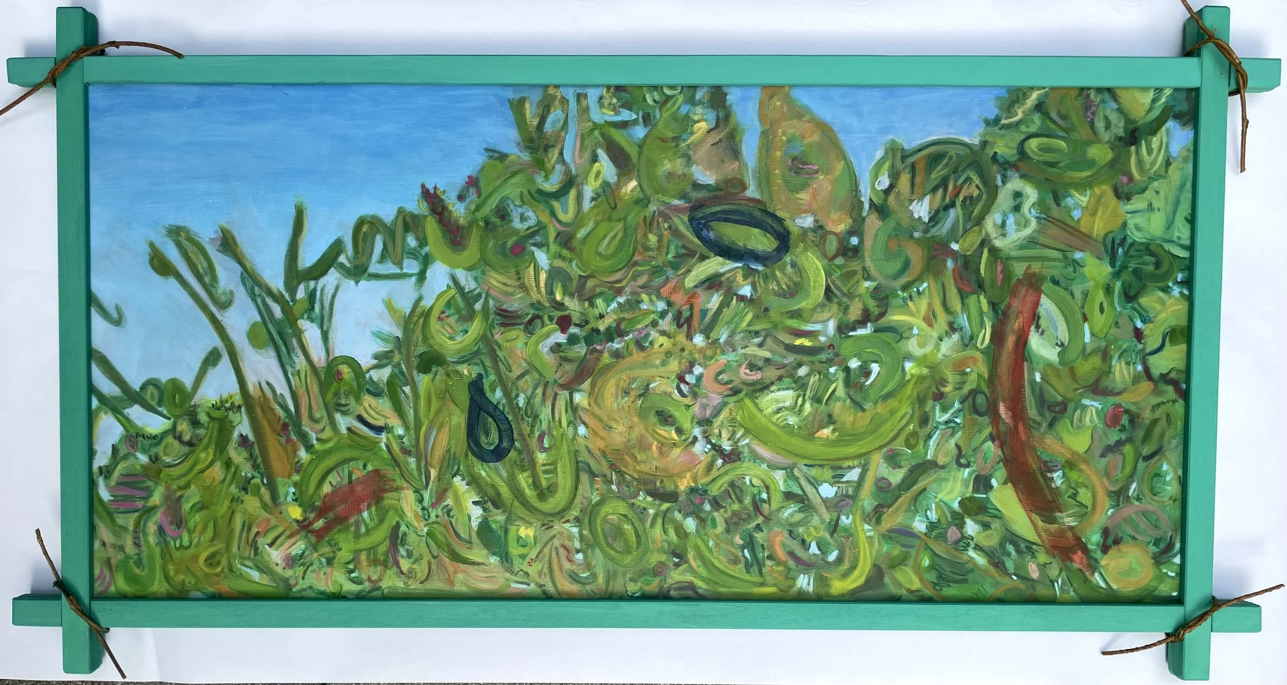 I keep going
 Acrylic, oil and pastel on wood 
33"x18" overall in painted frame with vine
2026