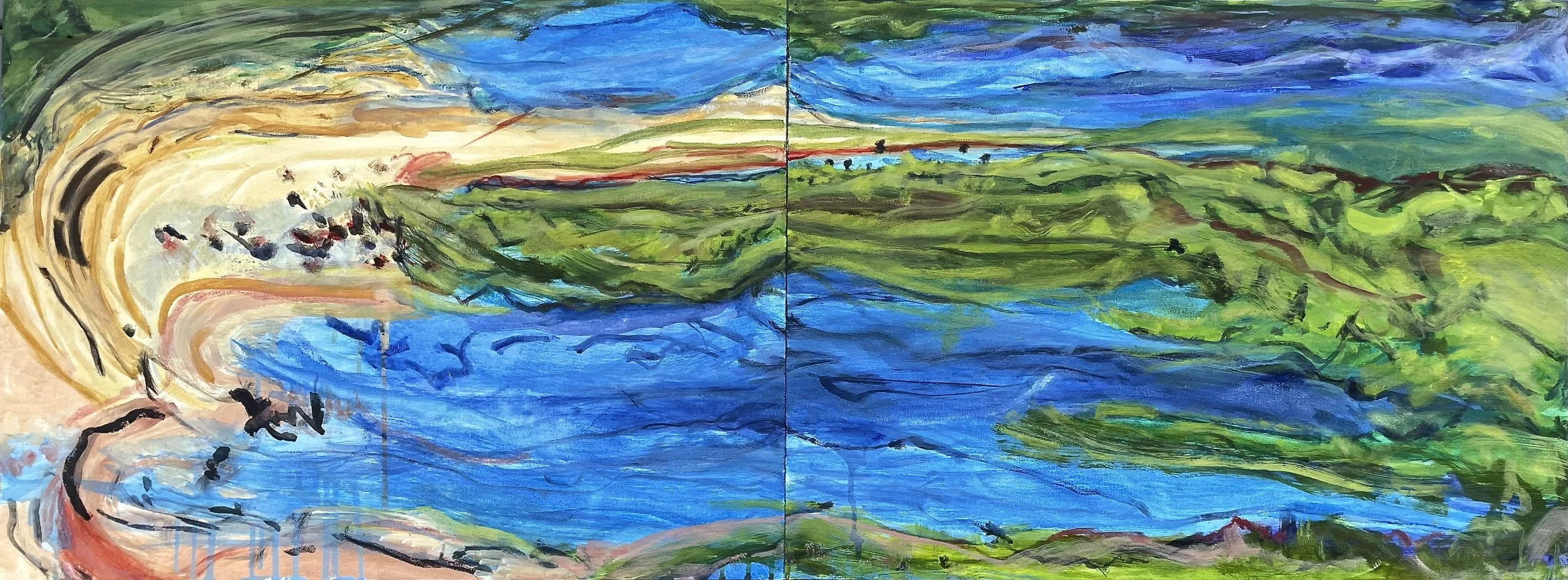 Bay-b 
 Oil on canvas 
Diptych 16" x 40" overal
2024