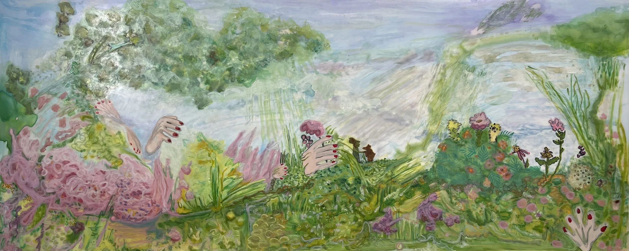 Groundskeepers
 mylar acrylic, oil, oil pastel, oil stick 
15" x 36"
2023