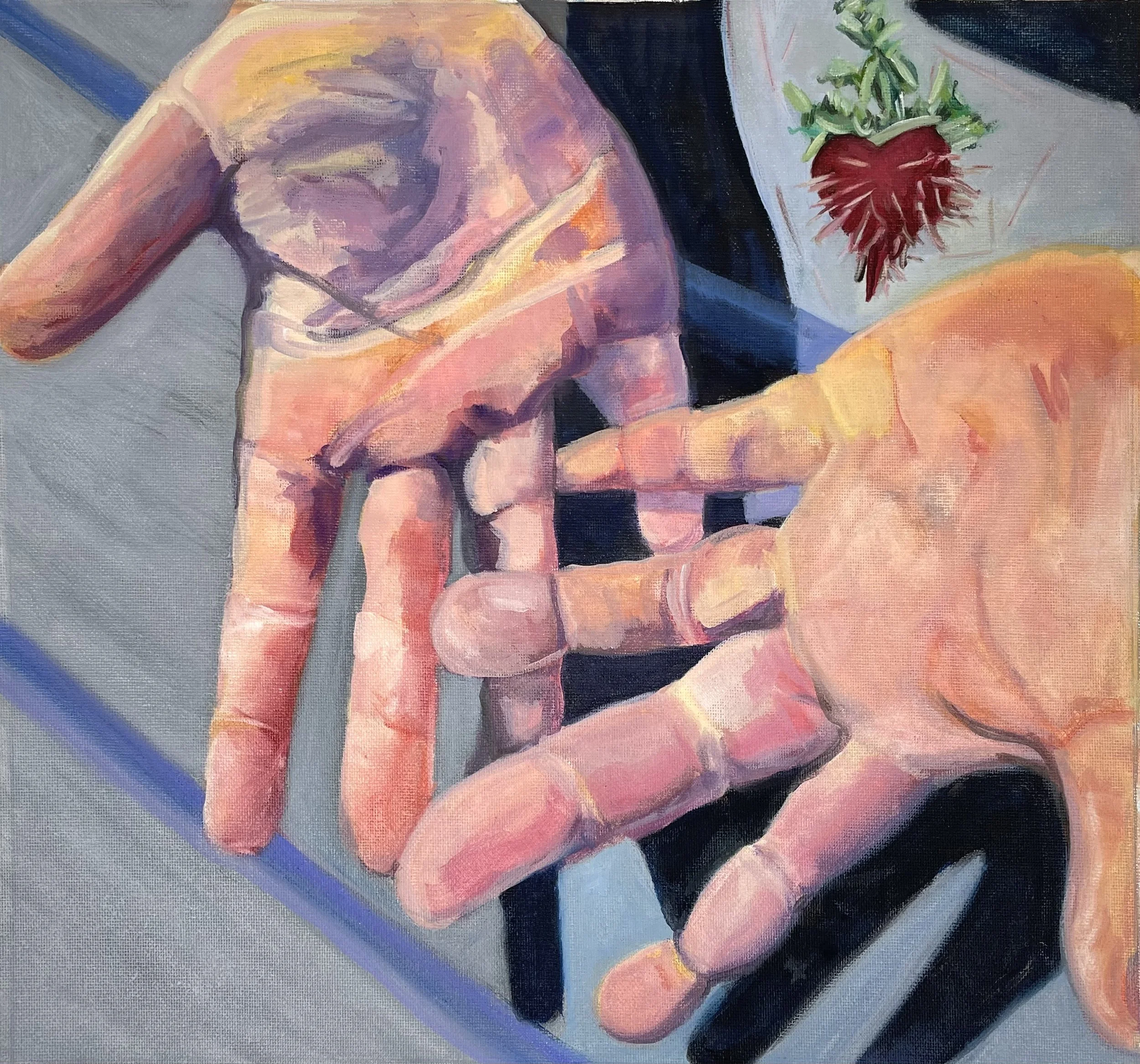 Farm hands with beet
 Acrylic and oil on canvas 
14" x 14"
2026