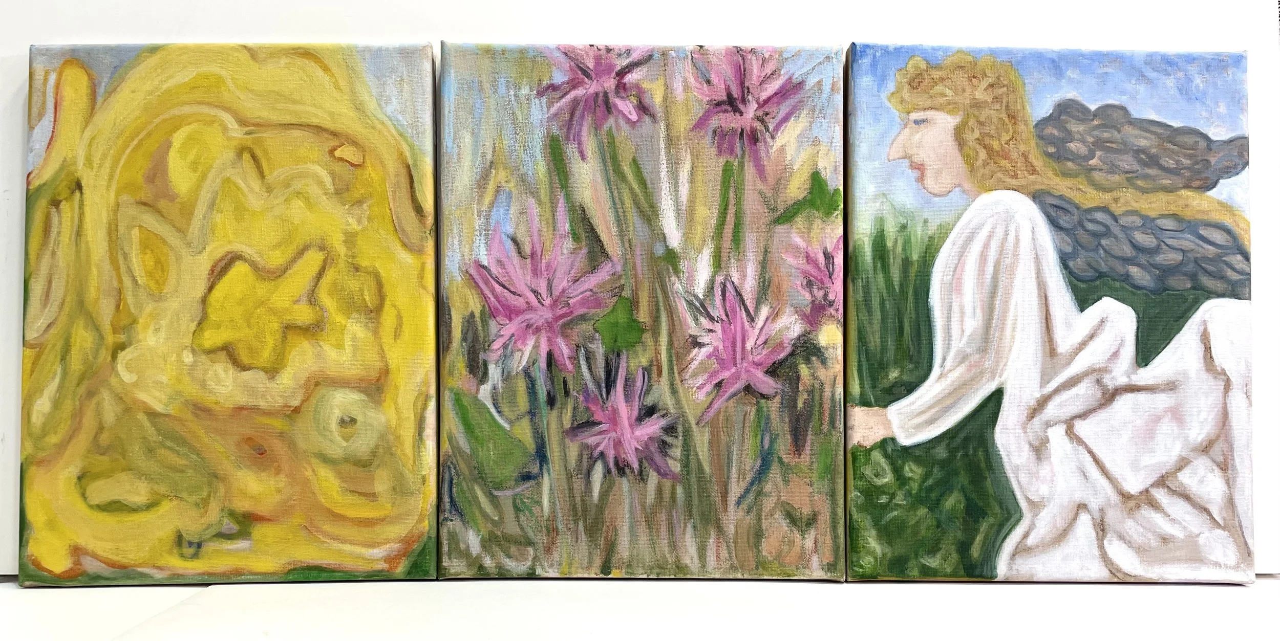 Mothers
S H E series
 Oil, pastel on canvas 
Triptych overall 12" x 27"
2024
