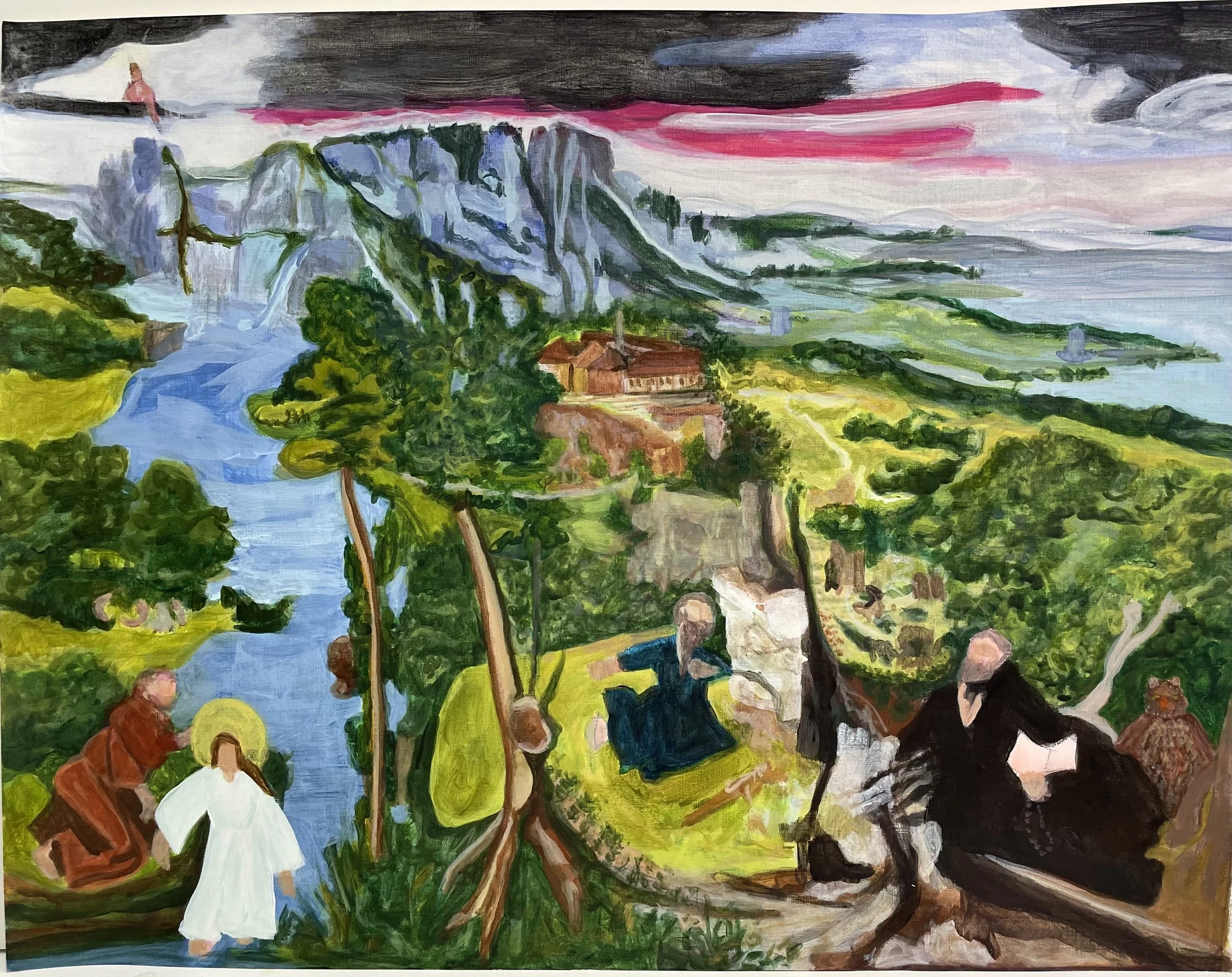 After Joachim Patinir, The Penitence of St. Jerome (Walk the talk)
 Acrylic on paper 
18" x 24"
2025
