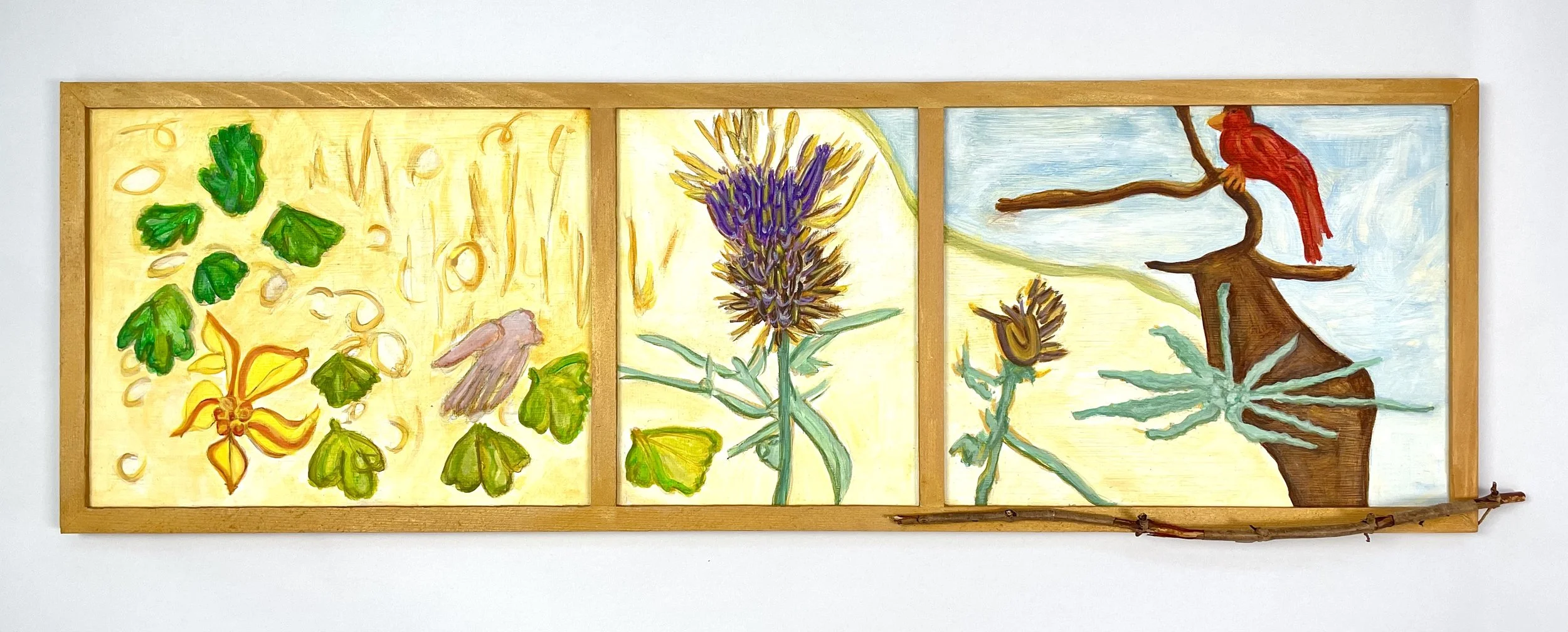 Aquilegia, thistle, bird
 Oil on wood 
28" x 9" with painted gold frame
2026