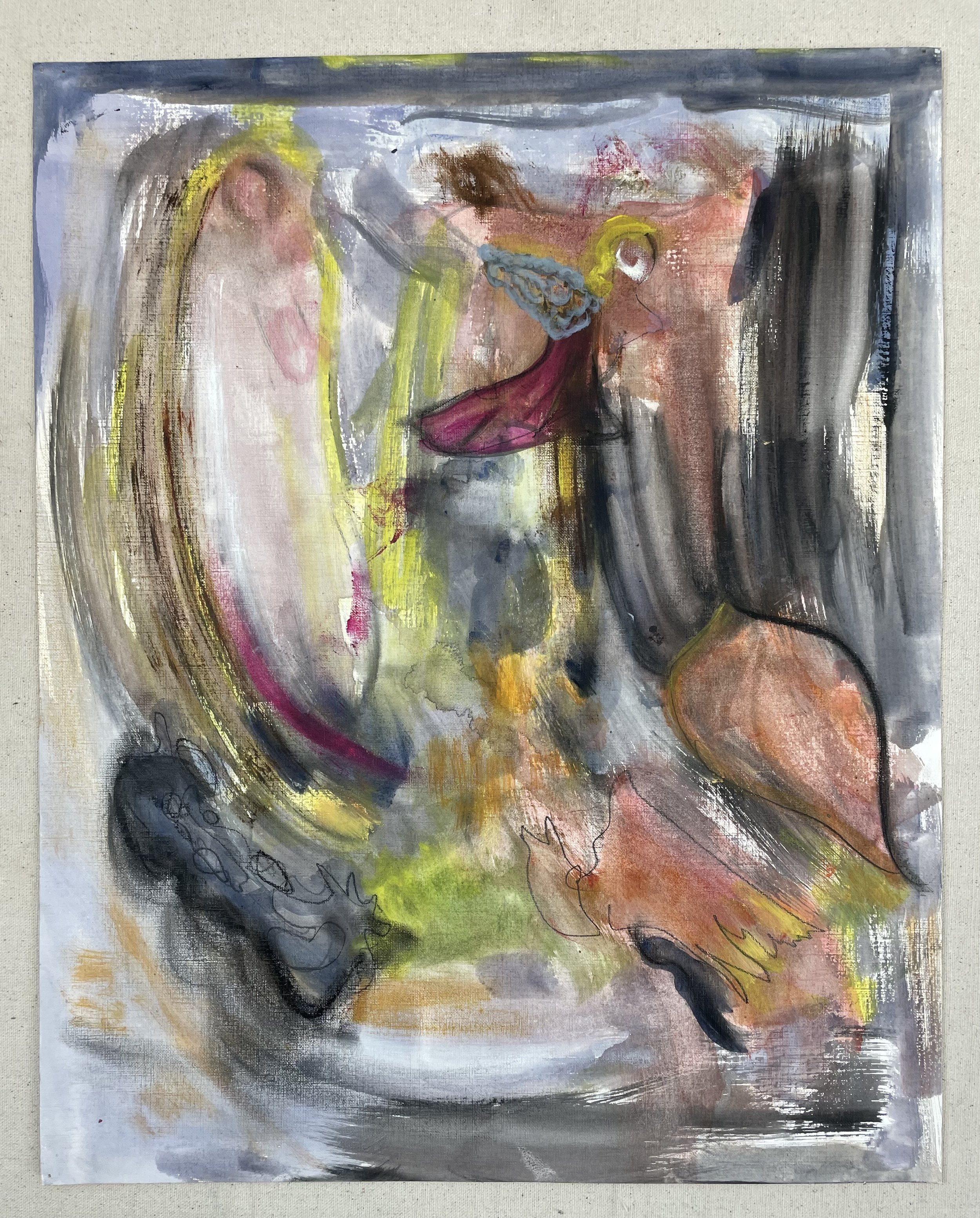 Chirp, quack, baby
 Oil, pencil, charcoal on paper 
18" x 24"
2024