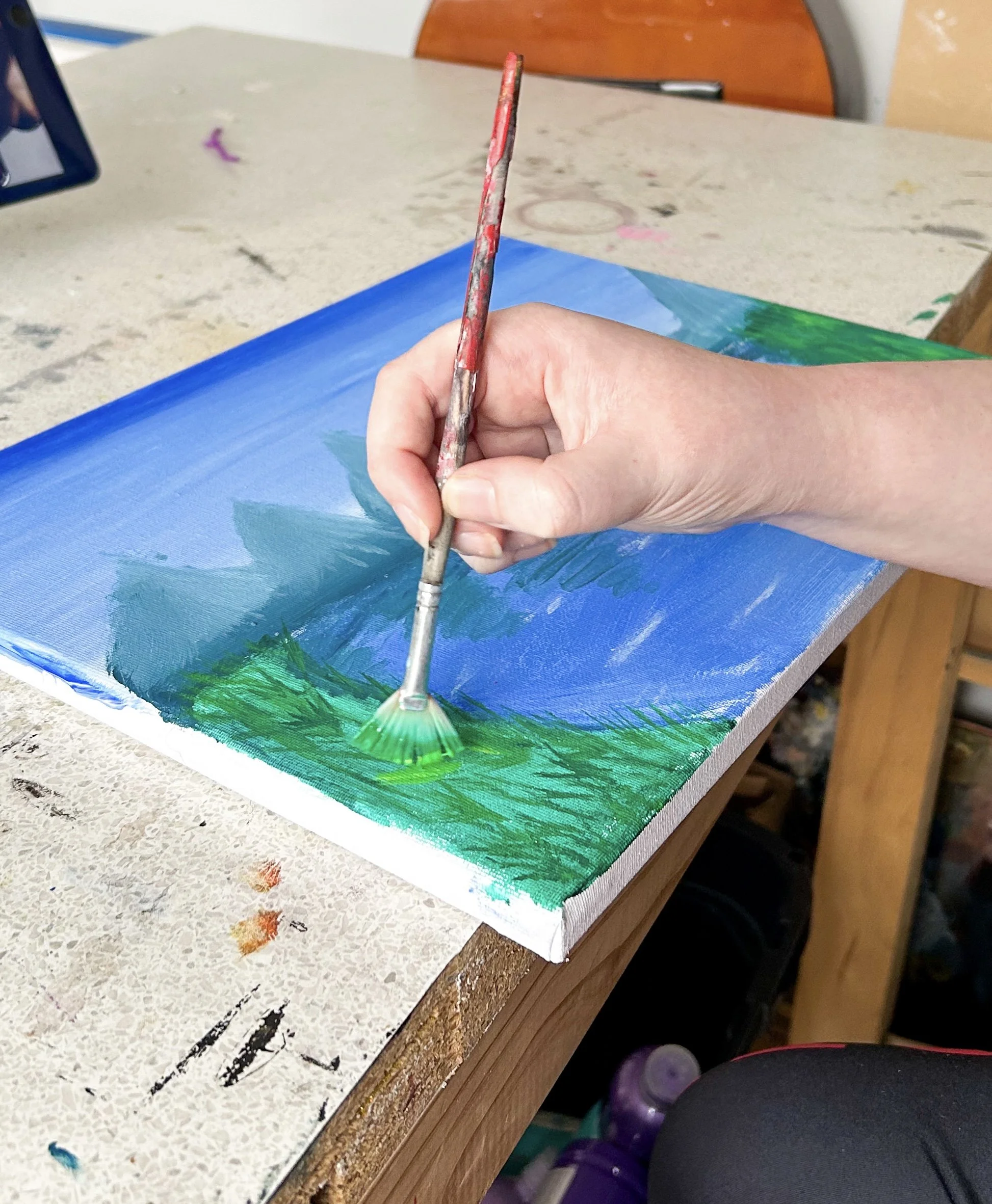 Landscape painting on canvas in Art by Chelsea Anne's creative kids sessions during school holiday terms and holidays in Wonthaggi on the Bass Coast, Victoria.
