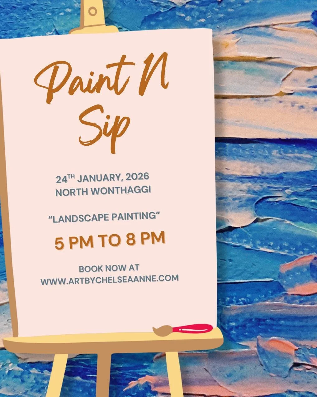 Paint, sip, and unwind 🍷🎨

Join me on January 24 for a relaxed Landscape Paint &amp; Sip Workshop &mdash; a creative evening filled with colour, connection, and a drink in hand.

No experience needed, I&rsquo;ll guide you step by step as you create