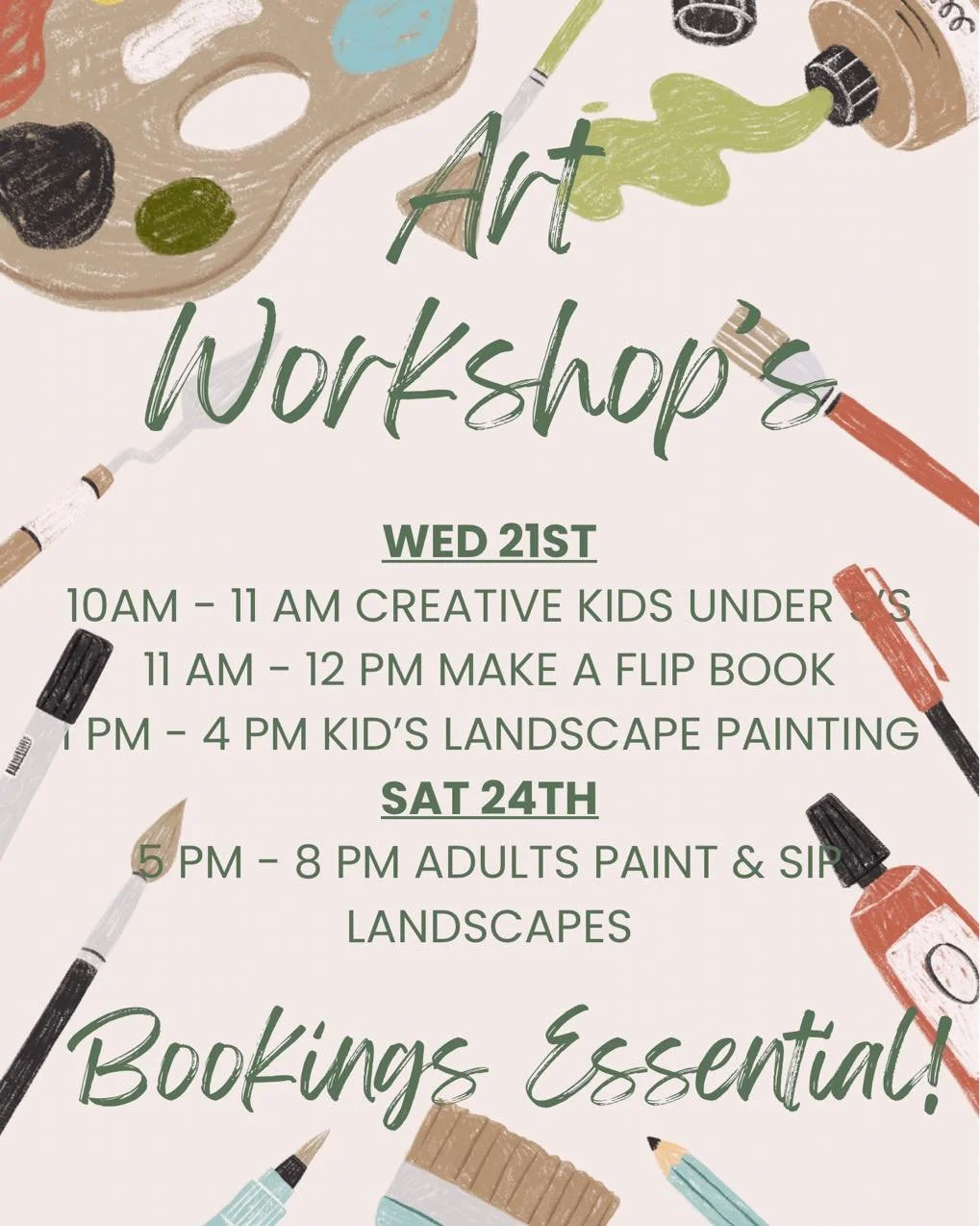 Last chance to book this weeks workshops!

Kid&rsquo;s 👇🏻

Creative under 5s
Flip Books
Landscape Painting

Adult&rsquo;s 👇🏻

Paint &amp; Sip landscapes

Limited spots, so book now 👇🏻

https://artbychelseaanne.com/markets-workshops

#artworksho