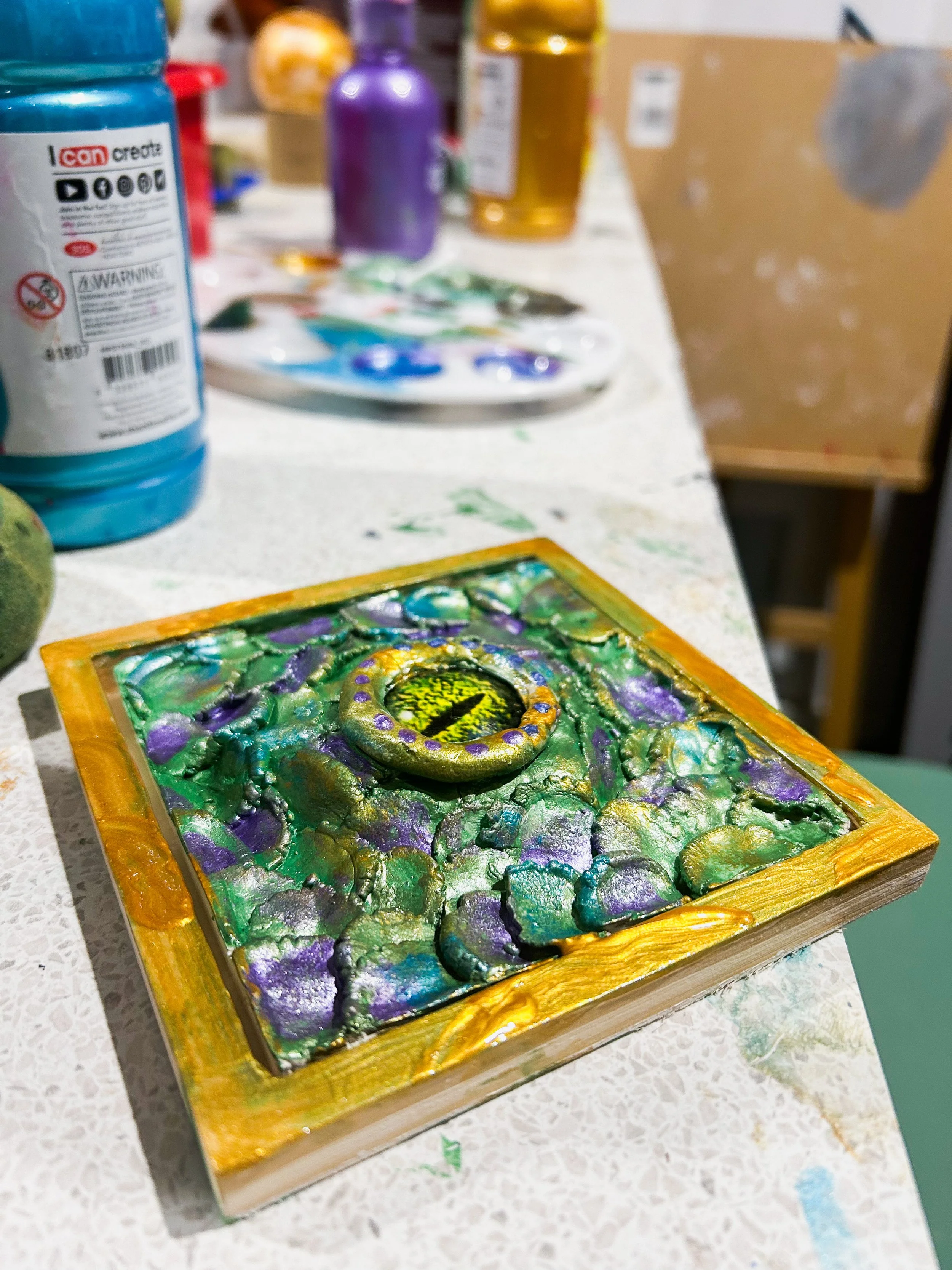 Imaginative Dragon eye clay creation in our Kids Art School Holiday and School Term Art sessions for Kids in Wonthaggi on the Bass Coast, Victoria. Sessions held weekly by Art by Chelsea Anne