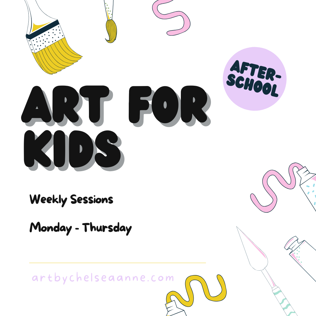 An art class poster for kids featuring paintbrushes, paint bottles, and decorative elements with text about after-school weekly sessions from Monday to Thursday, and a website link.