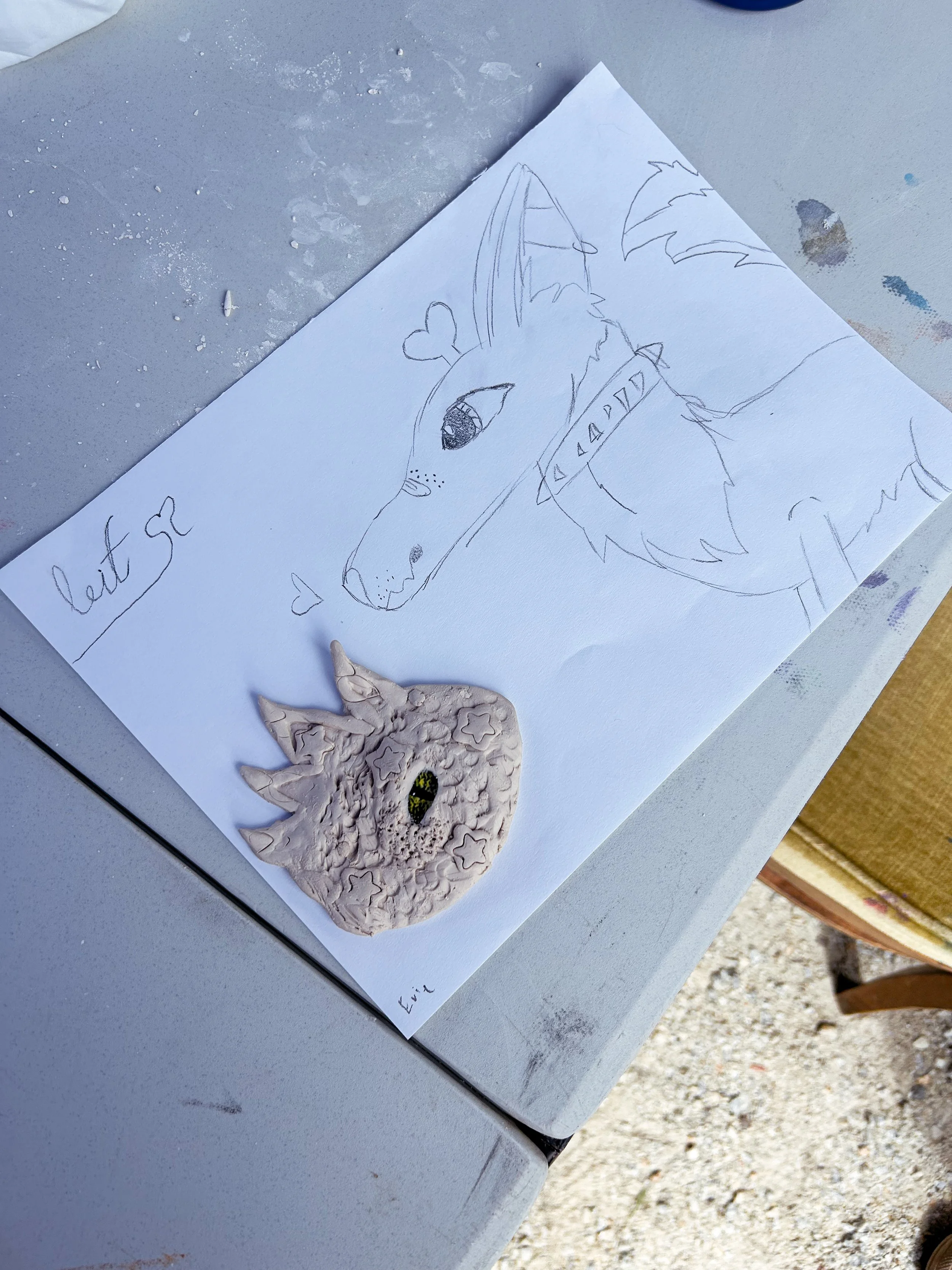 A simple pencil drawing of a wolf's head on a sheet of paper, with the name 'Loki' written in cursive and a small heart next to it. A handmade clay sculpture of a wolf's head with star-shaped decorations and a yellow eye is placed on top of the drawi