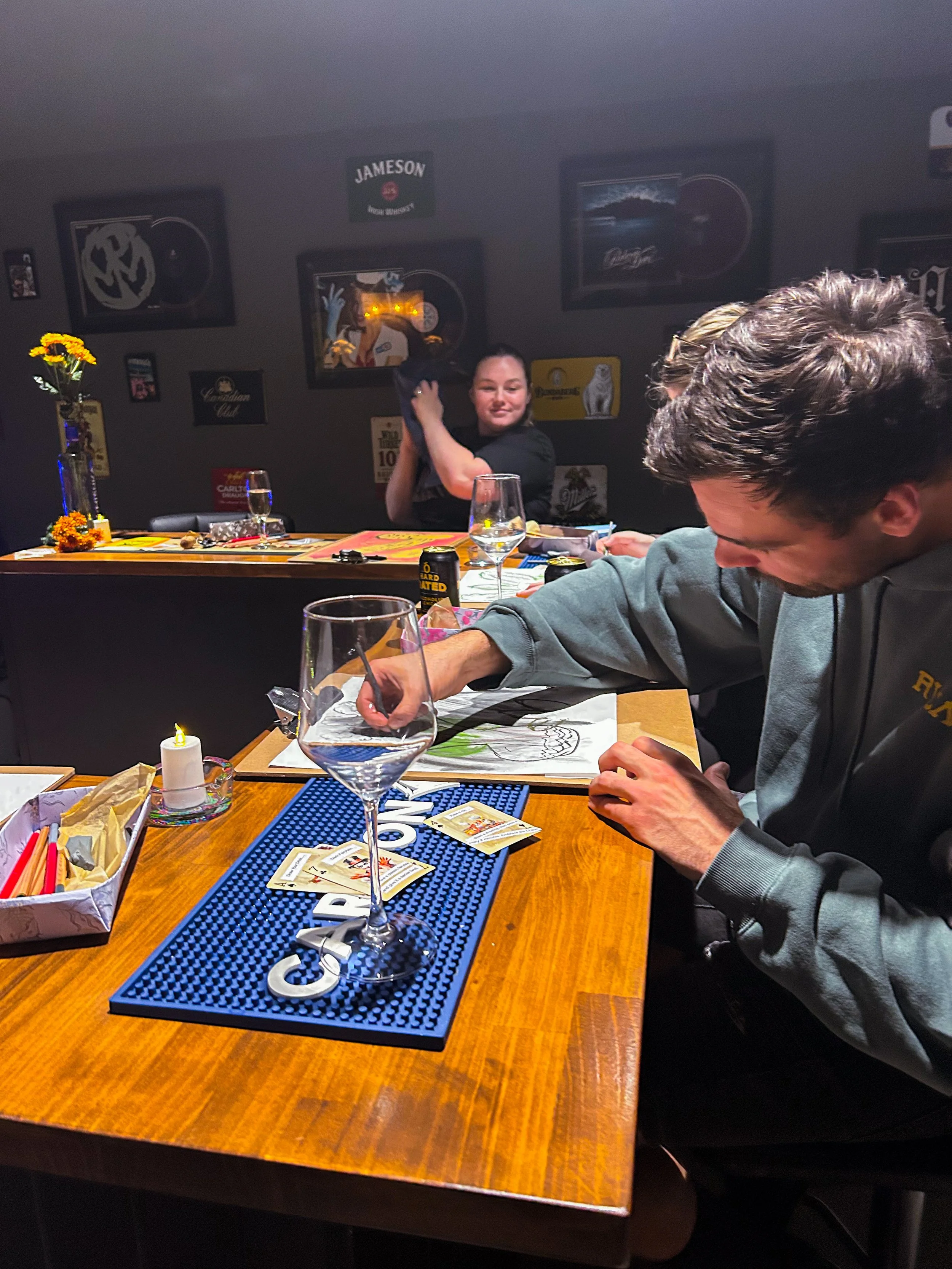 Pencils and Pinot (Sketch and Sip) monthly adult workshop with Art by Chelsea Anne on Bass Coast, Victoria. A creative night in an intimate bar setting