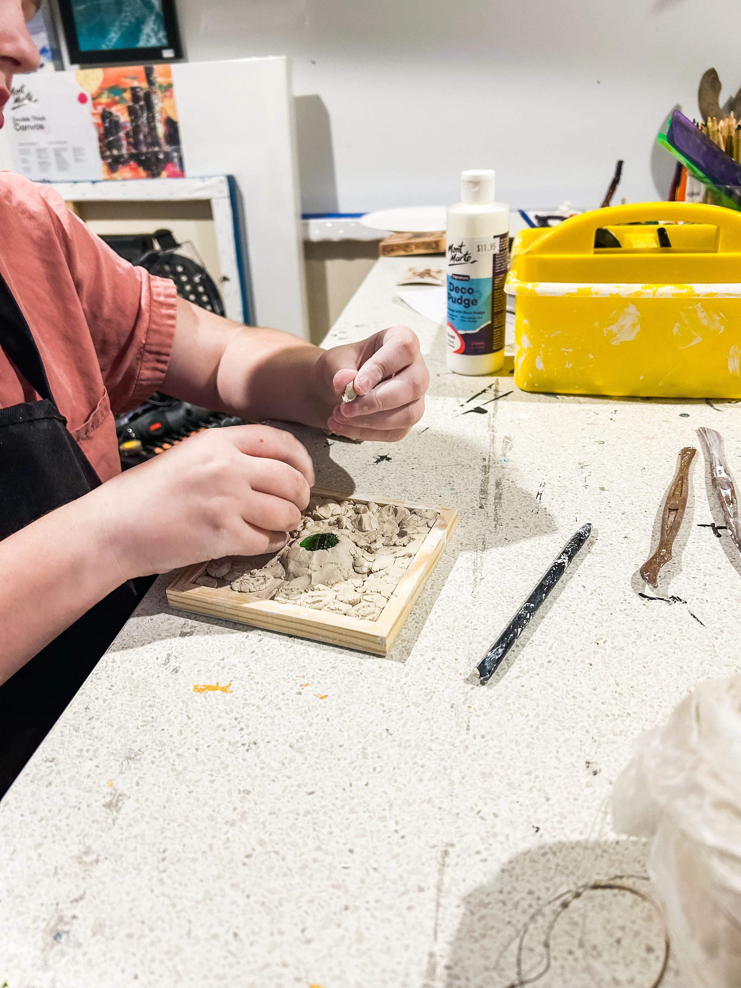 Kids exploring art with air-dry clay at Art by Chelsea Anne's kids art classes in Wonthaggi, Bass Coast. 