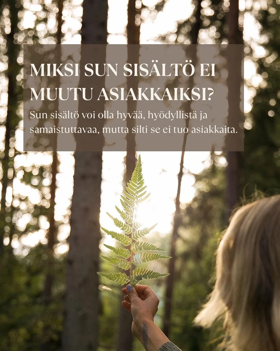Valitettavasti pelkk&auml; hyv&auml; sis&auml;lt&ouml; ei viel&auml; tuo asiakkaita. 👇🏻

Jos sun ydinviesti ei ole selke&auml; ja tekeminen on satunnaista
sun unelma-asiakas ei ymm&auml;rr&auml;:
&rarr; kuka olet 
&rarr; mit&auml; teet 
&rarr; mite