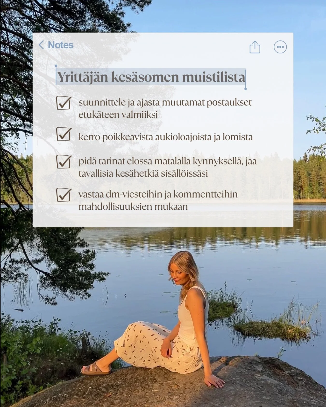 Yritt&auml;j&auml;n kes&auml;somen muistilista 📝☀️

Moni meist&auml; yritt&auml;jist&auml; haluaa ottaa kes&auml;ll&auml; v&auml;h&auml;n rennommin. 😎 Mutta haluan muistuttaa yhdest&auml; asiasta: somen ei tarvitse olla t&auml;ydellist&auml;, jotta