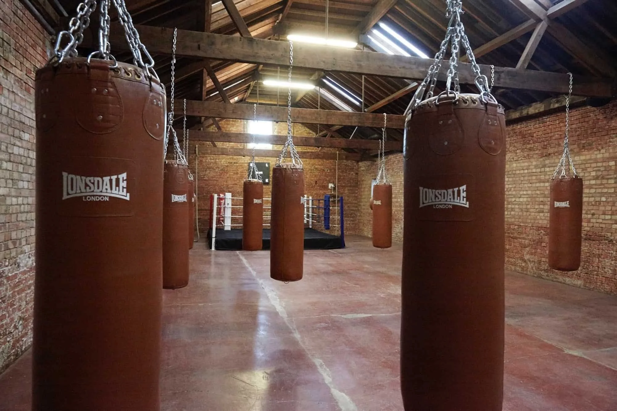 An indoor boxing gym with multiple brown punching bags hanging from a wooden beam in a brick-walled warehouse. A boxing ring is visible in the background.