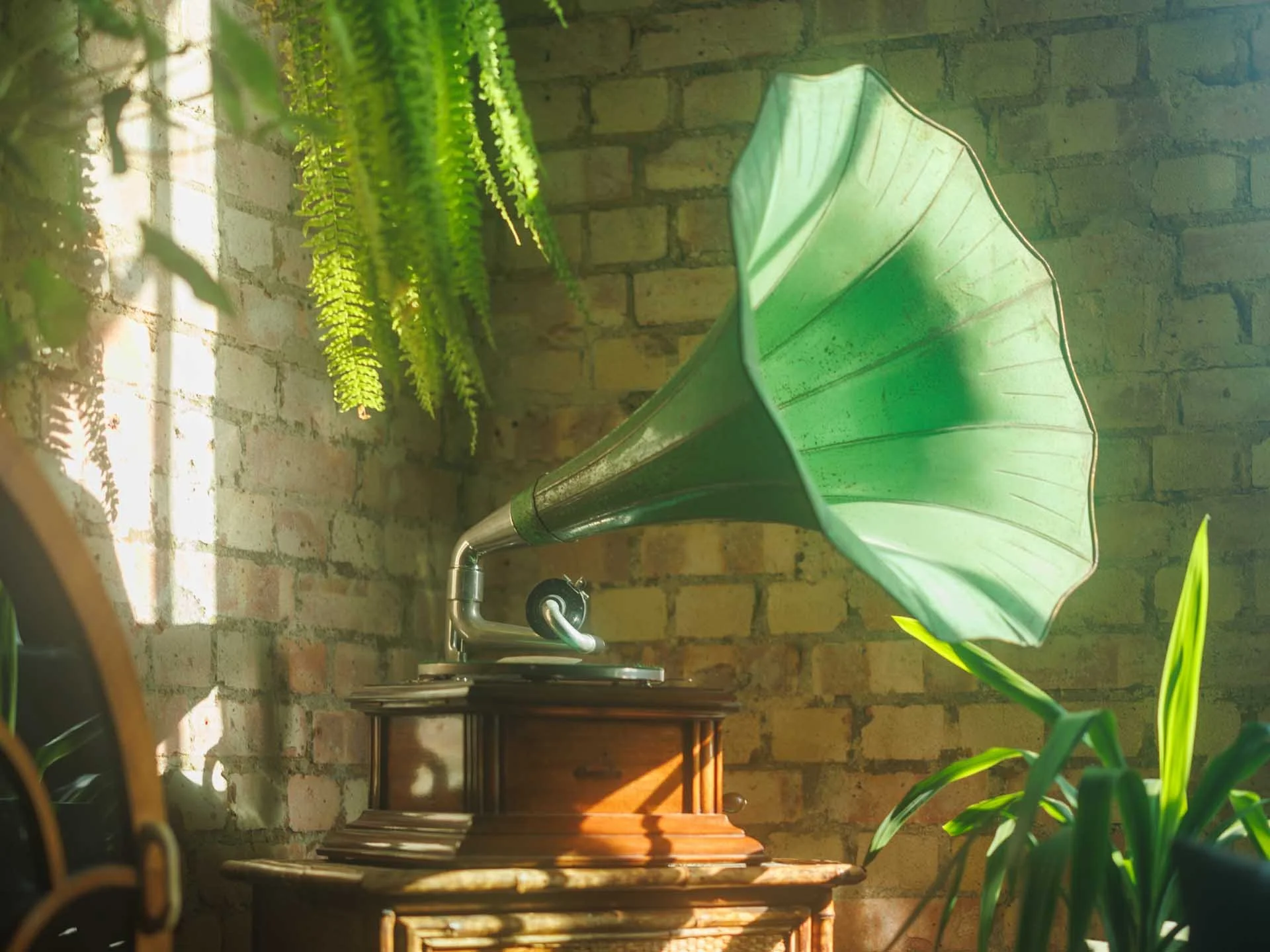 A vintage gramophone with a large green horn, positioned on a wooden table against a brick wall, surrounded by lush green plants in sunlight.