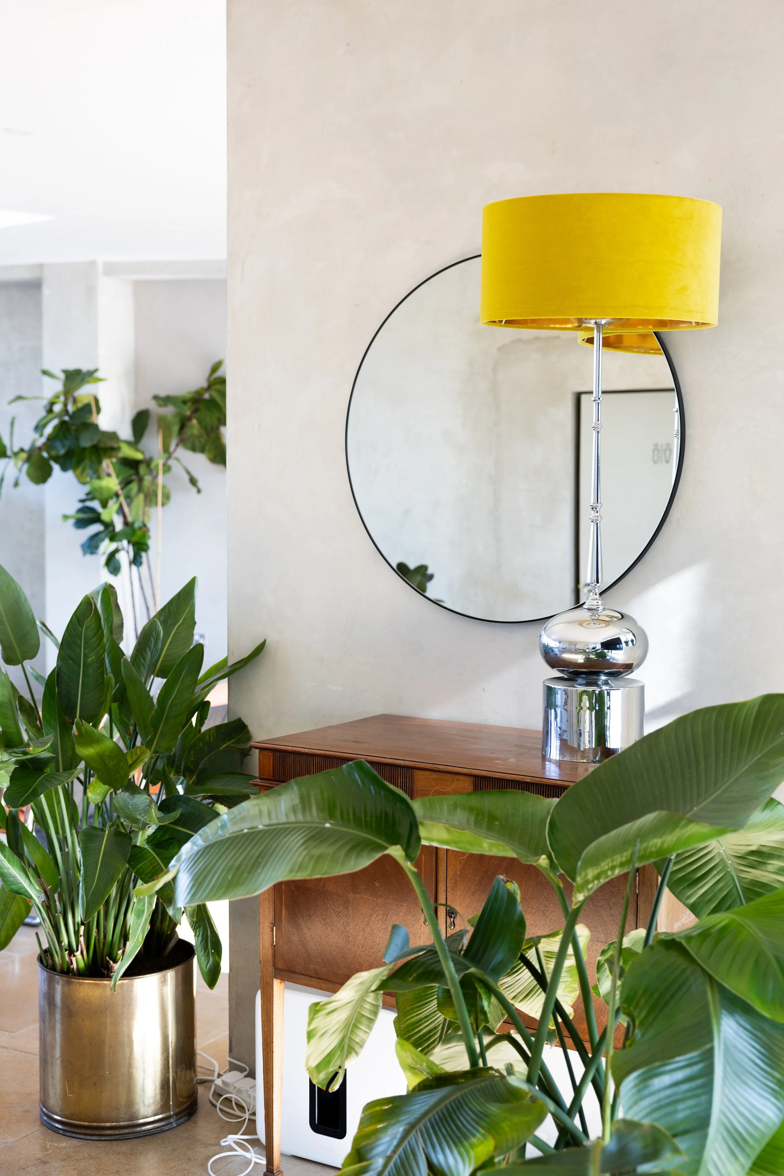 Interior scene with a wooden side table, a yellow lamp on a reflective chrome base, a round wall mirror, and various green houseplants.