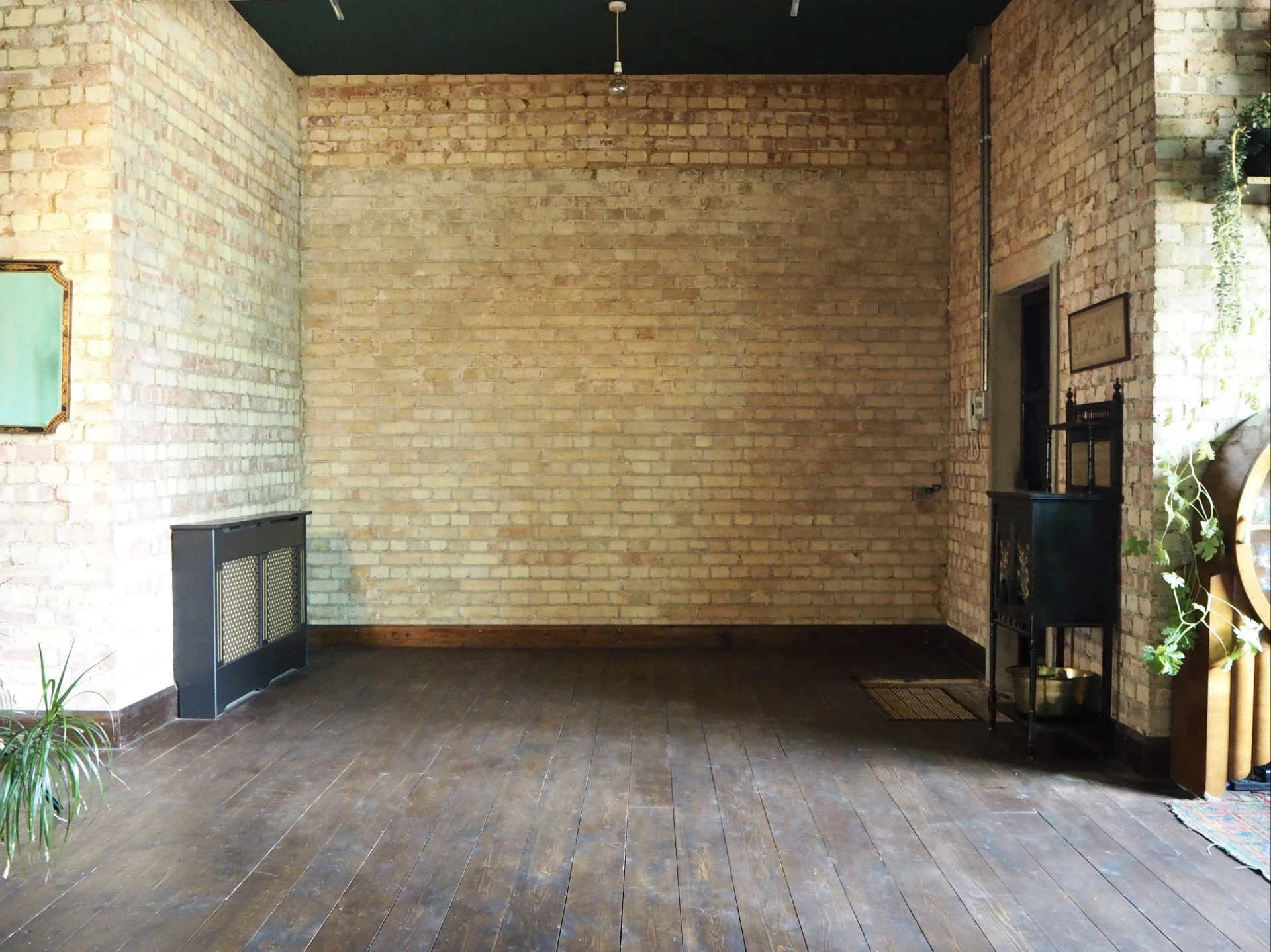 Empty room with brick walls, dark wooden floor, and a small black radiator cover. A plant with long leaves is in the bottom left corner, and some decorative items including a small black shelf and wall art are on the right side.