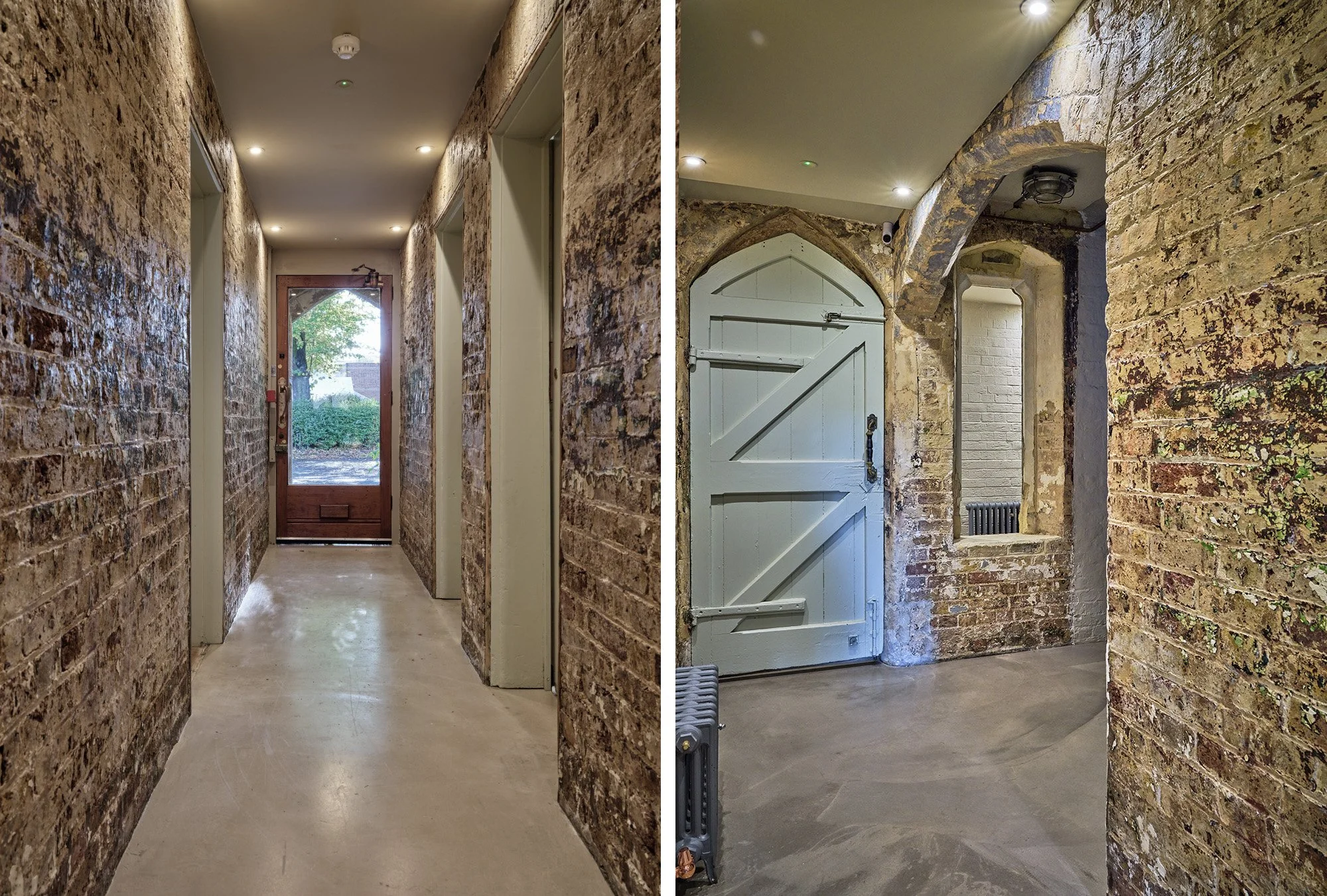 Split image showing a brick hallway on the left and a rustic entrance area on the right, both with exposed brick walls and concrete floors.