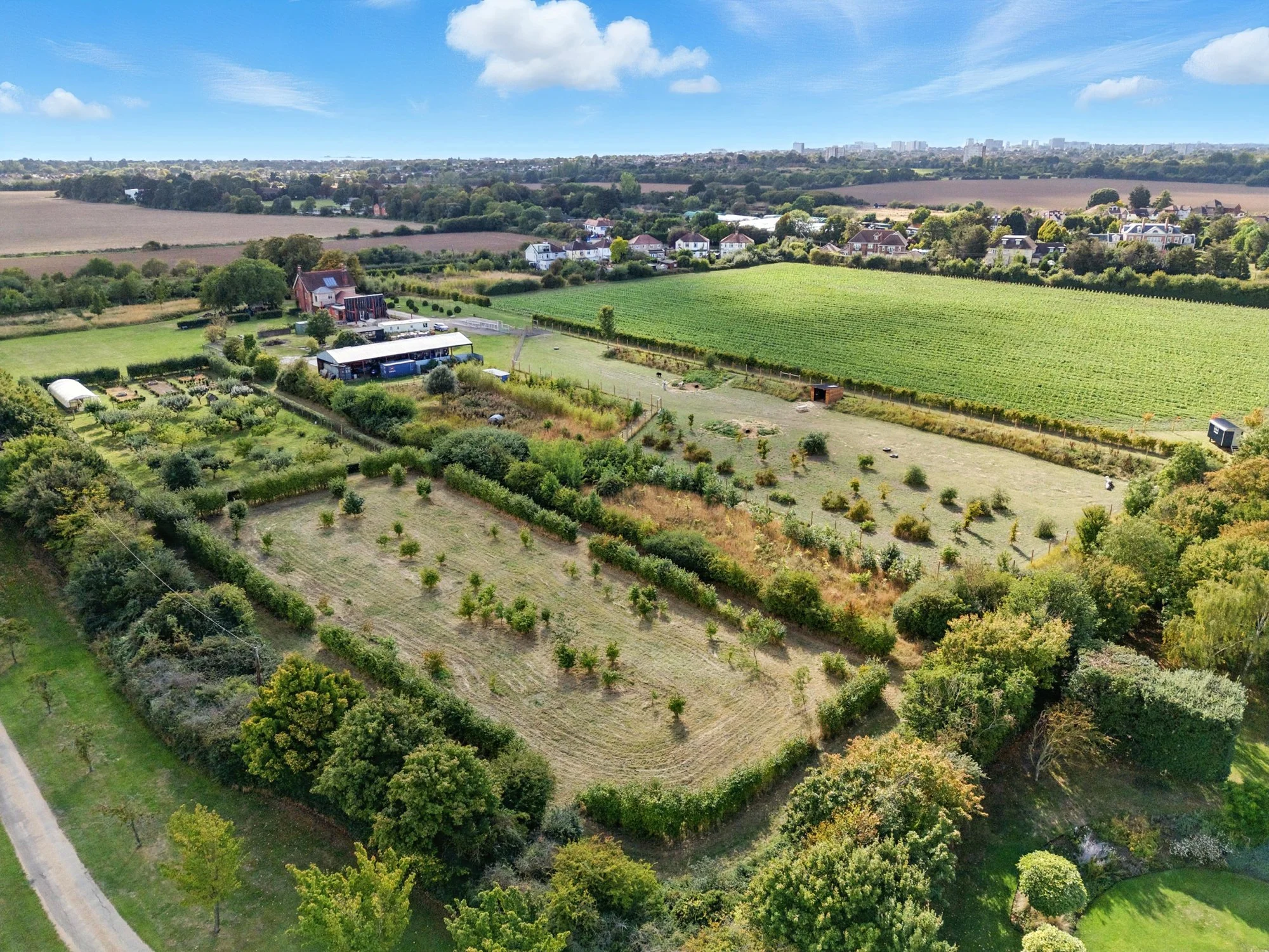 An aerial view of a rural landscape with green fields, small houses, trees, and a distant city skyline under a partly cloudy sky.